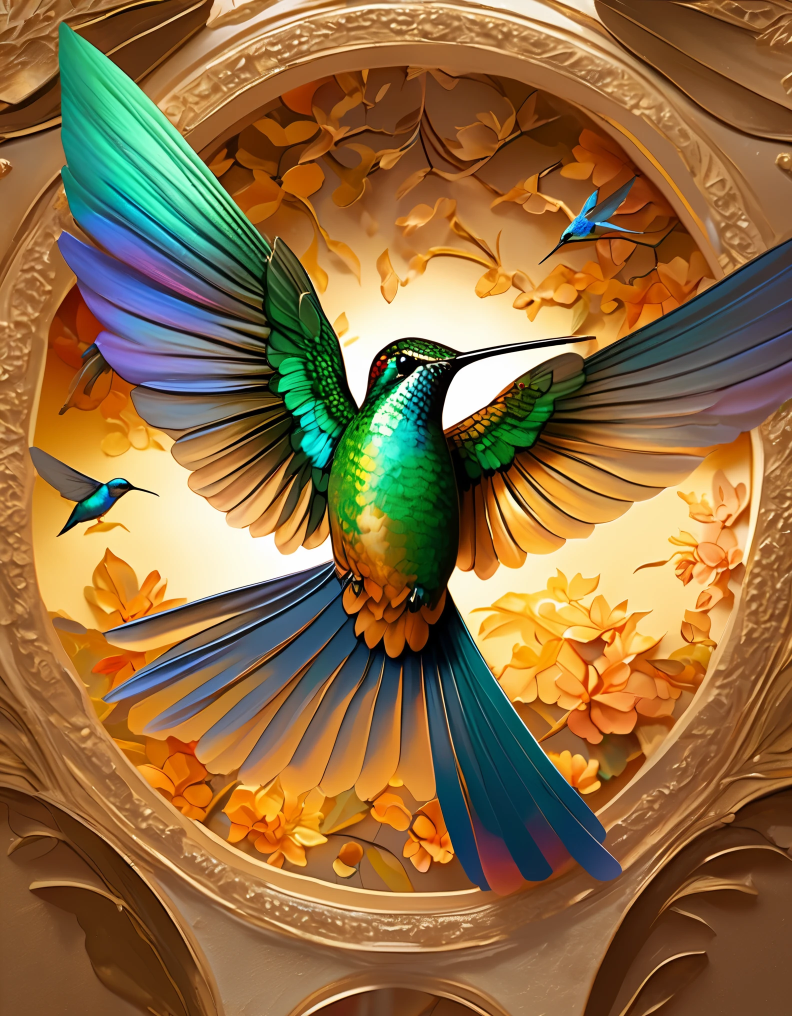 fresco art style of Hummingbird,a beautiful painting by Louis Comfort Tiffany,Mural,Fantastic Realism,Imaginative,Ethereal Fantasy, Kawaii,Installation Art,Minoan Mural,by Valerio Olgiati,Enchanting Atmosphere,Unreal engine,octane render,rendered in octane,Corona Render,V-Ray,high detail,trending on artstation,hyperrealism,HD,16K,tilt-shift,Mid shot,Split Lighting,