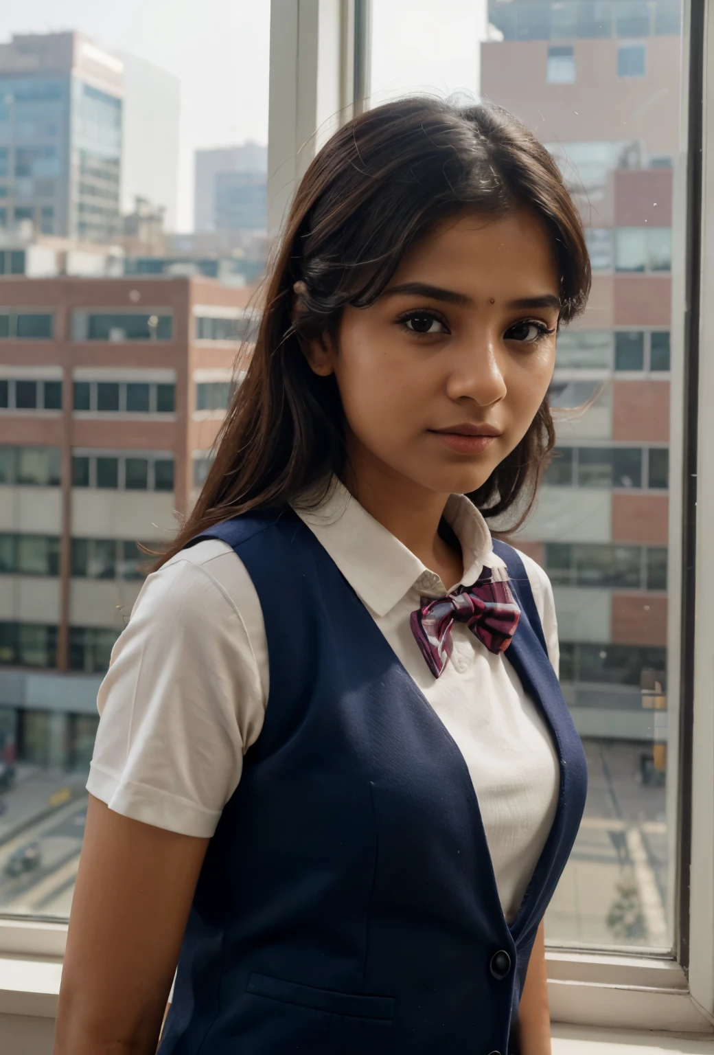 1girl, matured female, vest, bow, photo, realistic, best quality, hires, detailed face, office, buildings from window, detailed background, diffused sunlight, depth of field, bokeh, a indian girl name " Khushi"  wear on T-shirt.