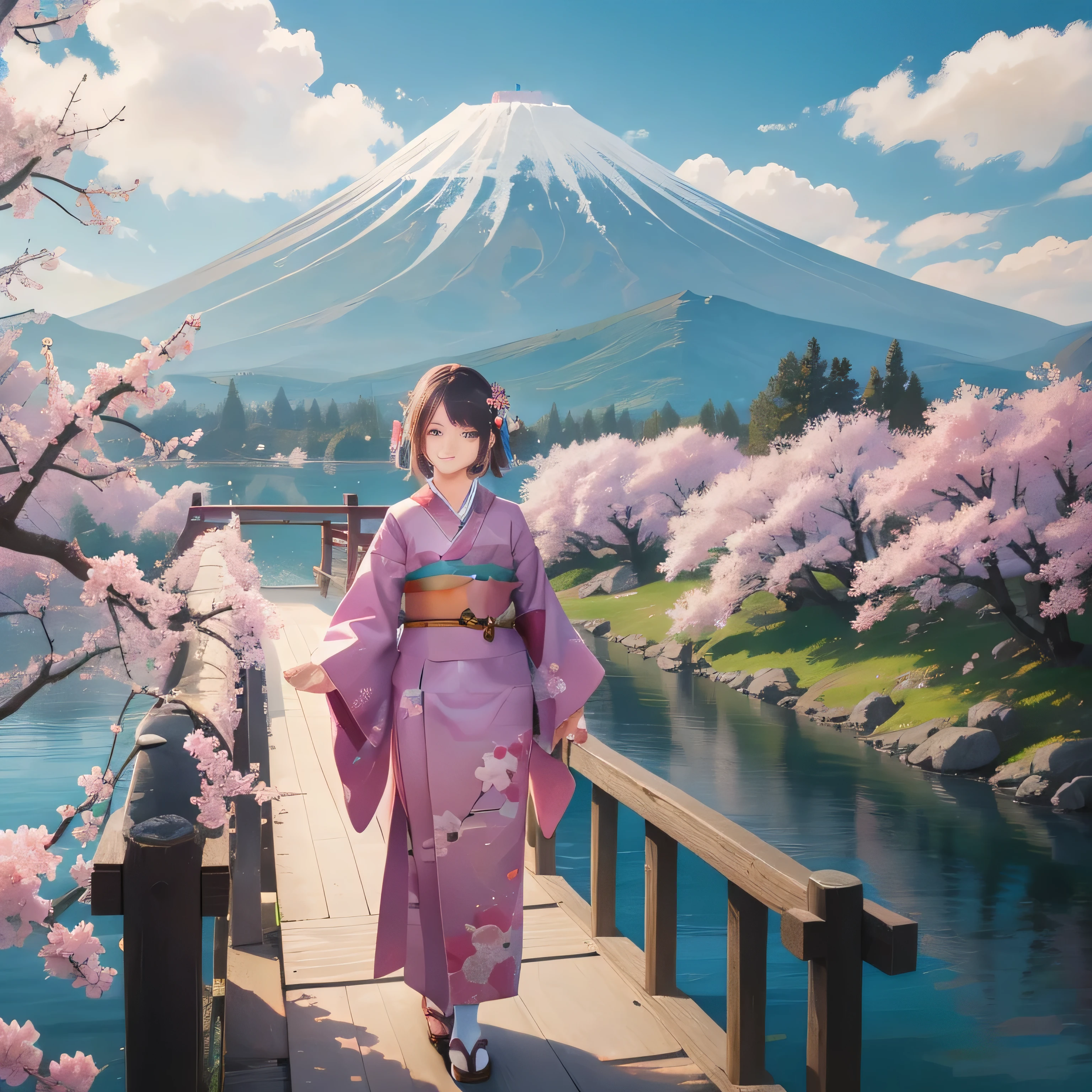 Lovely 12 year old girl. wearing a kimono, walk across the bridge, japanese landscape, cherry blossoms, Mountains and.Butterbur on the background.