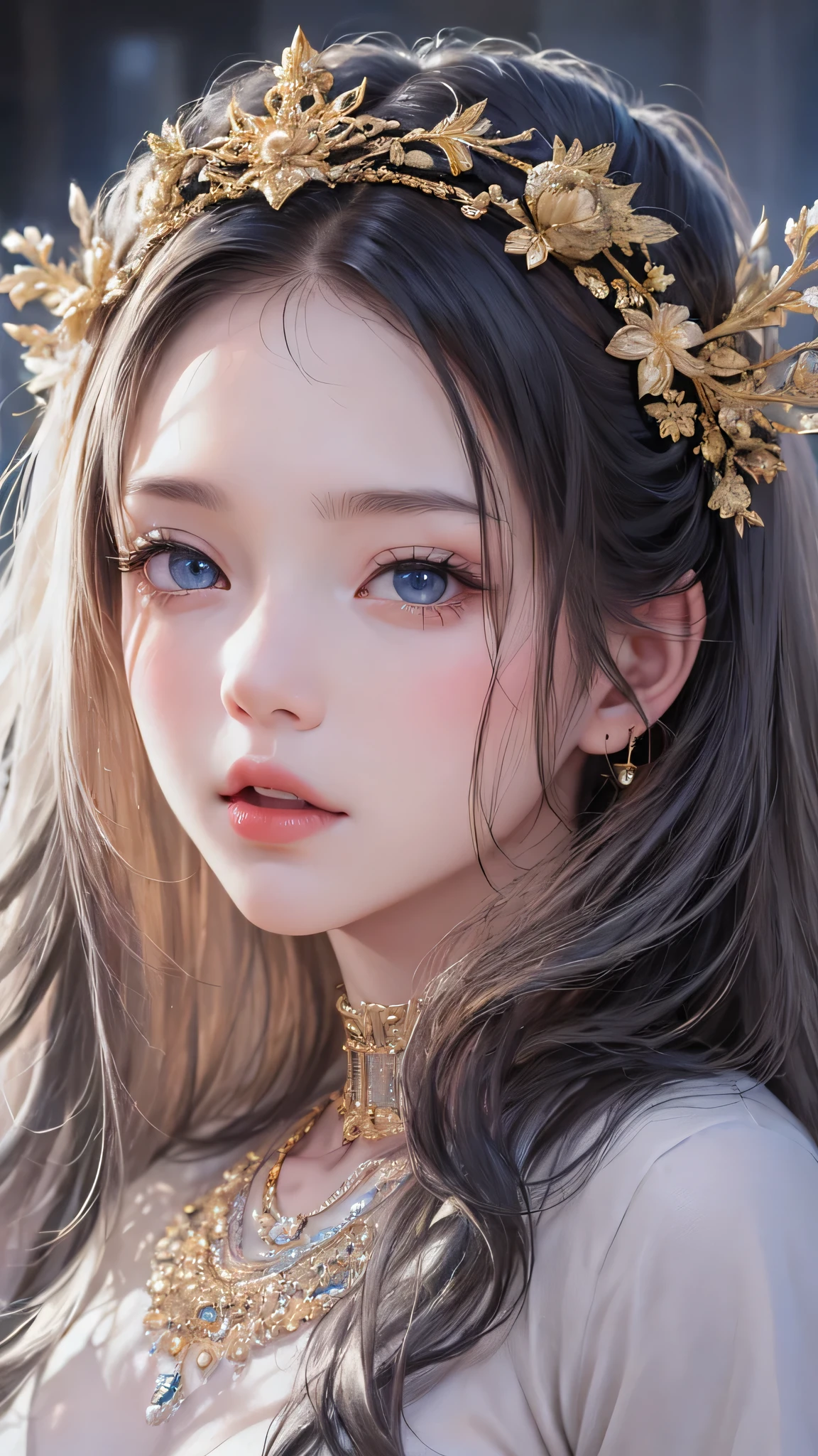 (Close-up:1.4)、(RAW shooting:1.2)、(photorealistic:1.4)、(masterpiece:1.3)、(highest quality:1.4)、bright look、exquisitely beautiful girl、extraordinary beautiful girl、Detailed cute and beautiful face、beautiful bangs、glowing white shiny skin、facial hair、Bangs that extend to the face、bangs between the eyes、super long hair、Charming light and dark platinum blonde super long straight silky hair、thin hair、Charming shining beautiful bright clear light blue big eyes、luxurious dress、tiara、double eyelids、rich bust、Upper body、ancient city