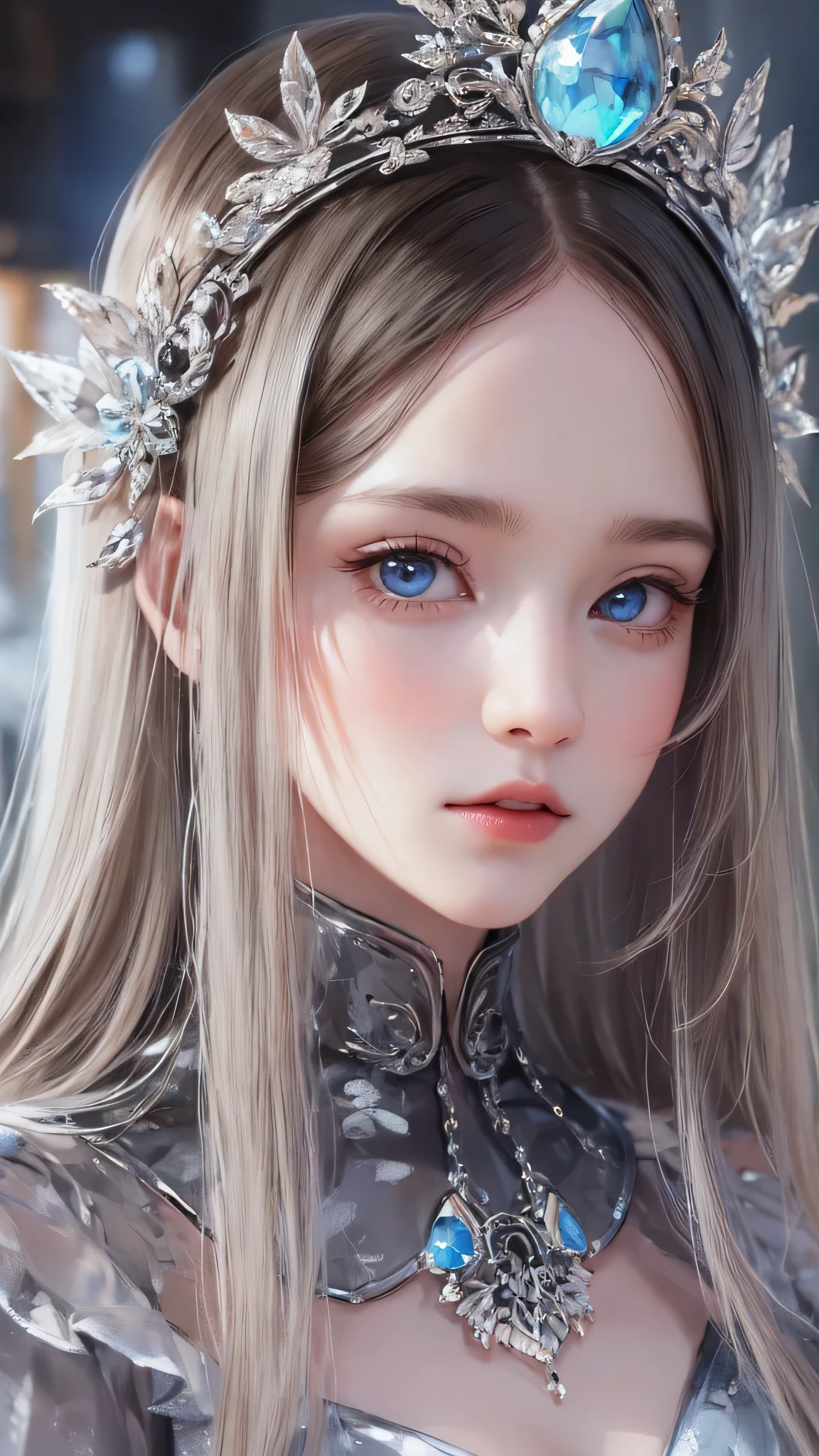 (Close-up:1.4)、(RAW shooting:1.2)、(photorealistic:1.4)、(masterpiece:1.3)、(highest quality:1.4)、bright look、exquisitely beautiful girl、extraordinary beautiful girl、Detailed cute and beautiful face、beautiful bangs、glowing white shiny skin、facial hair、Bangs that extend to the face、bangs between the eyes、super long hair、Charming light and dark platinum blonde super long straight silky hair、thin hair、Charming shining beautiful bright clear light blue big eyes、luxurious dress、tiara、double eyelids、rich bust、Upper body、ancient city