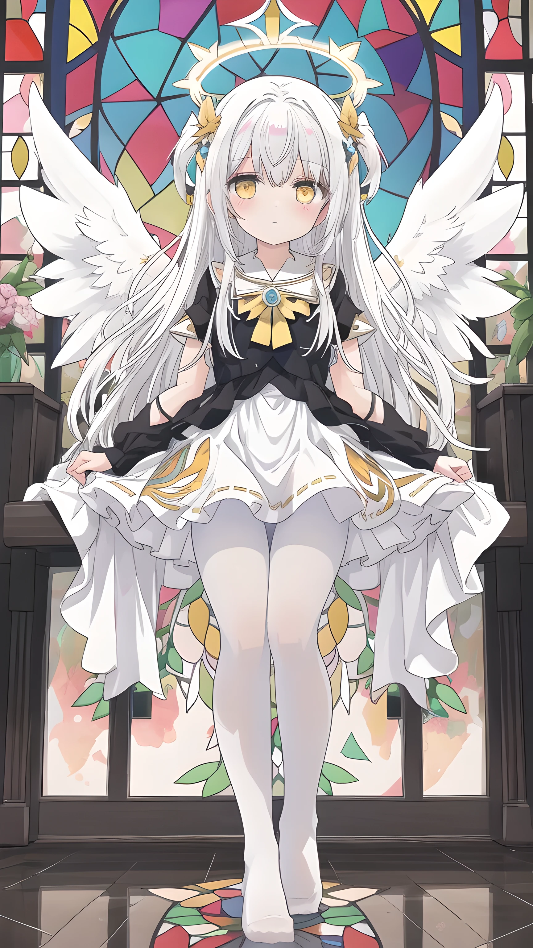 masterpiece, ((best quality)),Very detailed,stained glass style,alone,(white_hair),long hair,yellow eyes,,Angel,halo,Angel wings,white_skirt,white pantyhose,no shoes