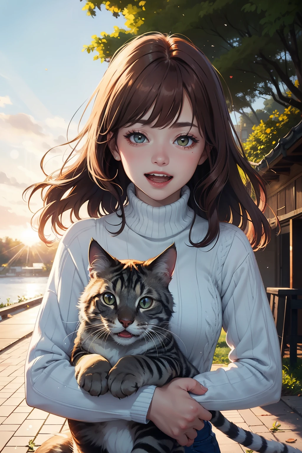 hd, 4k, woman, cozy sweater, Upper body, (great laugh:1.1), (open your mouth:0.1), (wide open eyes:1.3), glare of the sun, Bokeh, Depth of the bounds written, blurred background, particles of light, strong wind, (heart particles:1.1), nature、redhead, Holding a cute silver big cat Maine Coon