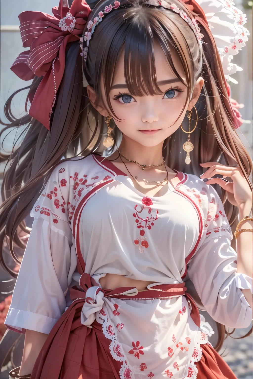 ((sfw: 1.4)), (sfw,She wears a long white embroidered skirt, a red blouse with lace, a white apron tied around her waist, red socks, and brown leather shoes. A red scarf is on her head. Her accessories include necklaces, earrings, and bracelets, 1 girl)), ultra high resolution, (realistic: 1.4), RAW photo, highest quality, (photorealistic stick), focus, soft light, (()), ((Japanese)), (((young face))), (surface), (depth of field), masterpiece, (photorealistic), woman , bangs, ((1 girl))