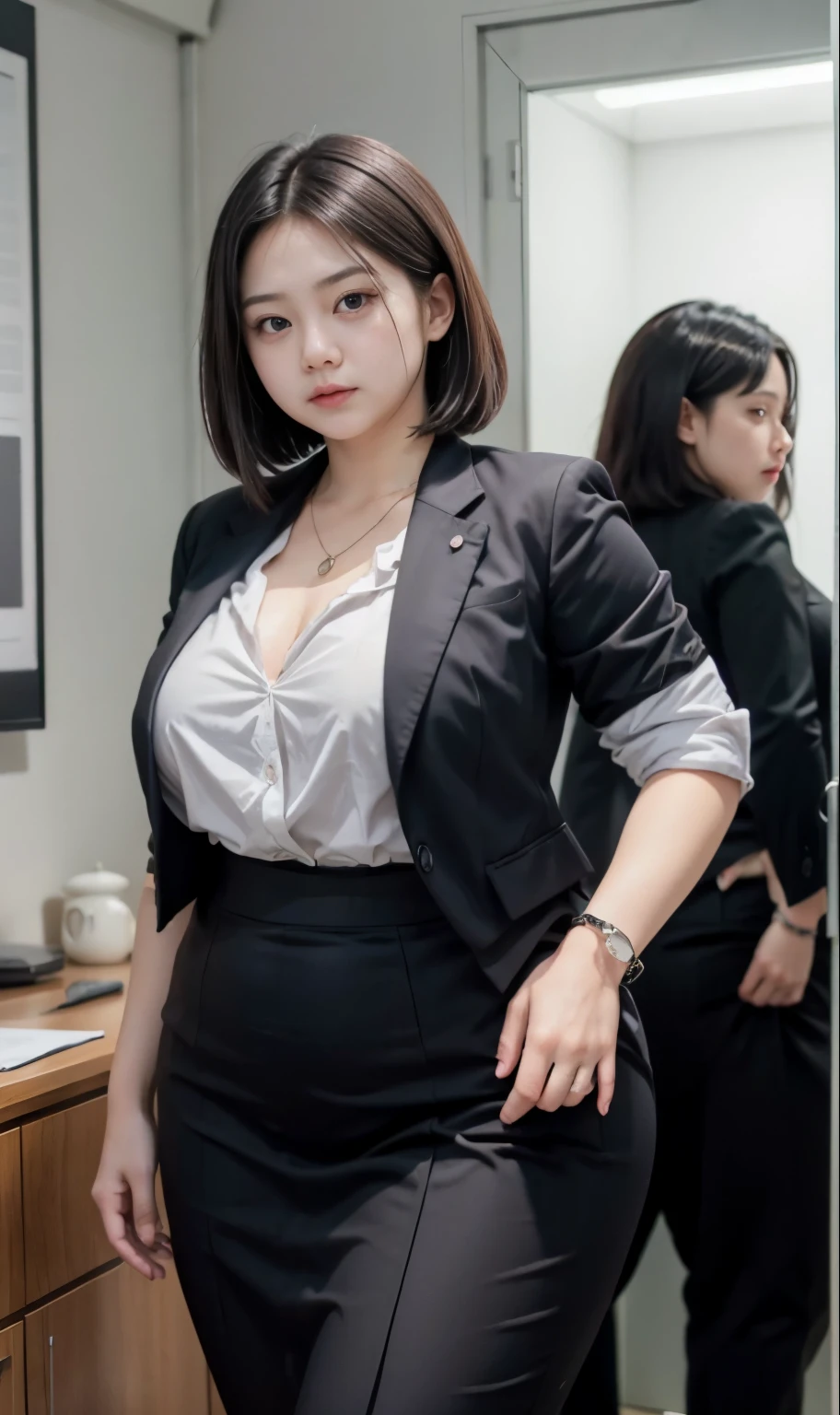 realisitic、Curvaceous woman standing alone, Woman in black business suit, with a business suit on, businesswoman, Woman in business suit, Wearing a white collar shirt under a suit、thick skirt、tight skirts、Girl in a suit, female in tight office dress, , Girl in suit, young business woman, in a business suit, business outfit, Wear a suit、Office Suits、、professional photograpy、Does not expose the skin, Japanese Models,、,The skin is not exposed、fleshy body, large boob、 hard 、、big butts、Big belly、thick waist、Body without tone、thick thight、thick arms、Round face、Fat face、chubby cheeks、Sauce order、big eye、A dark-haired、short-haired、Standing facing the front、Left hand pose on the hip、Right hand is down in a pose、Straight back posture、Sun background、chinese-Indonesian woman  , full body , bracelet , necklace ,  , short hairstyle , fat belly , thick  , dark room , baby face , chubby cheeks , black room 
