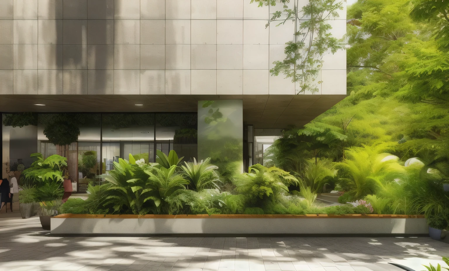 There is a planter with plants on the sidewalk, skyscrapers with vegetation, construindo telhado com planta, vibrant greenery outside, green terrace, The city is full of green plants, dense with vegetation, ambiente exuberante, empty buildings with vegetation, natureza crescendo ao redor da cidade, lush vegetation in the center, Brutalist Courtyard, ambiente exuberante, paisagem urbana tropical ao ar livre