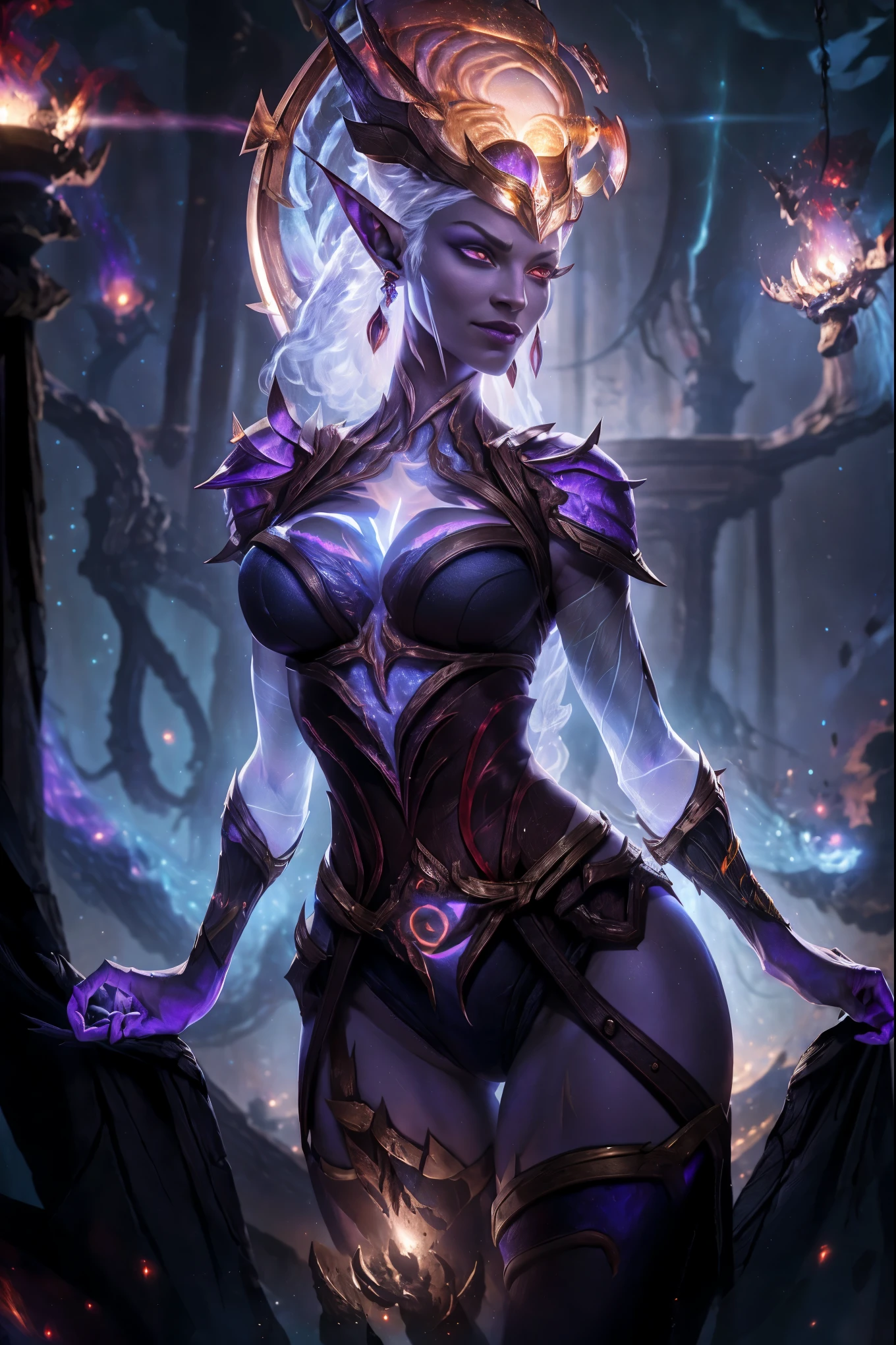 1girl, sexy drow, purple-blue skin, busty, pale silver long elaborate braids, ((red eyes)), jewels, elf ears, earrings, busty, cameltoe, ((white sexy panties)), ((flames)), ((cast light magic)), on a roof of scyscraper, athletic, volumetric lighting, best quality, masterpiece, realistic, anatomically correct, (strong cinematic lighting), stunning details, intricate details, 8k post-production, High resolution, super details, trending on ArtStation, sharp focus, depth of field f/1.8, studio photos, (((looking at camera))). Low light