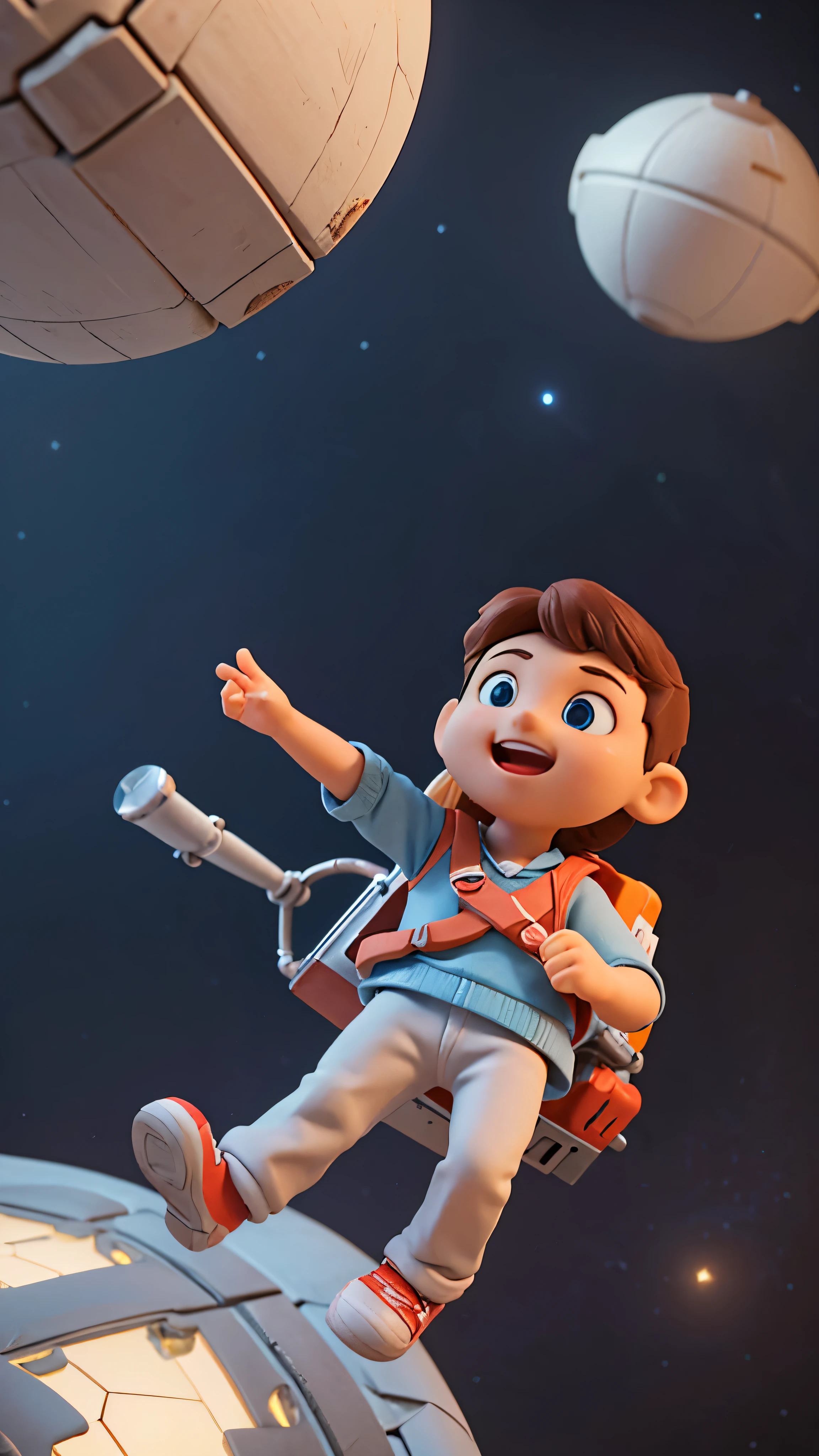 high quality,C4D modeling,3D clay model,a boy,Foot on spaceship,Reach out and touch the stars