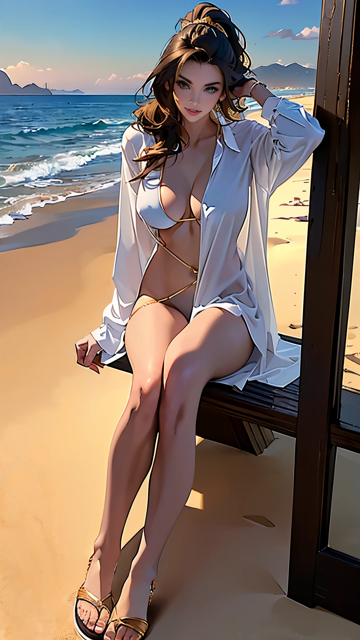 ((masterpiece, Best quality, a high resolution, ultra detailed),(beautiful and aesthetically pleasing:1.2), 1 woman, adult, perfect body, Wavy dark hair, green eyes, hair pulled back into a beautiful ponytail, Detailed eyes and face, long oversized shirt, swimsuit, bikini, golden hour, beach, sea, sand, Palma, complex parts, full body, beach flip flops