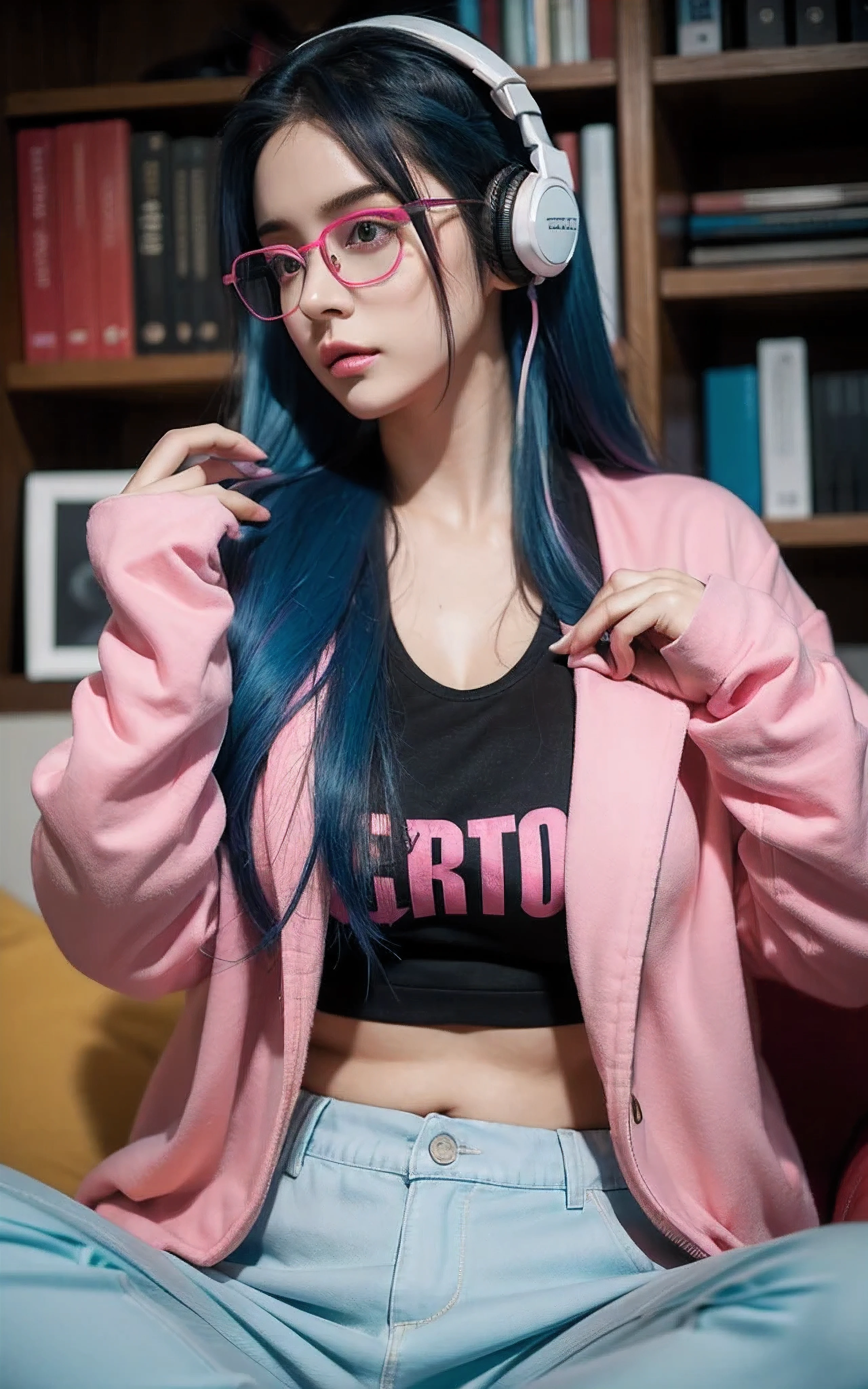 Beautiful woman, huge big breast, long hair, neon blue hair, using headphones, red eyes, glasses, pink jacket, pants, room, detailed eyes, random pose
