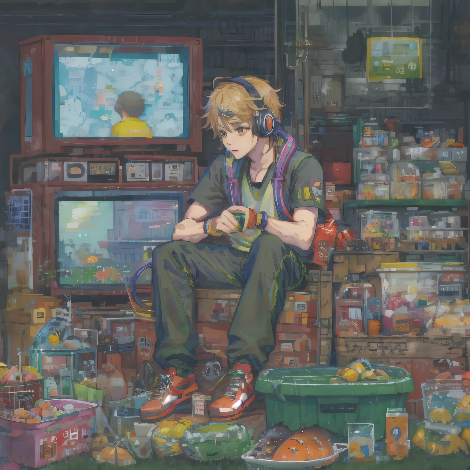 pixel art, fishbowl, fishbowl속 물고기, that'It's crowded with TV and miscellaneous things..., man sitting on trash, An entertainment program is playing on TV..., container, fishbowl을 바라보는 고양이, Handsome man, wear a headset