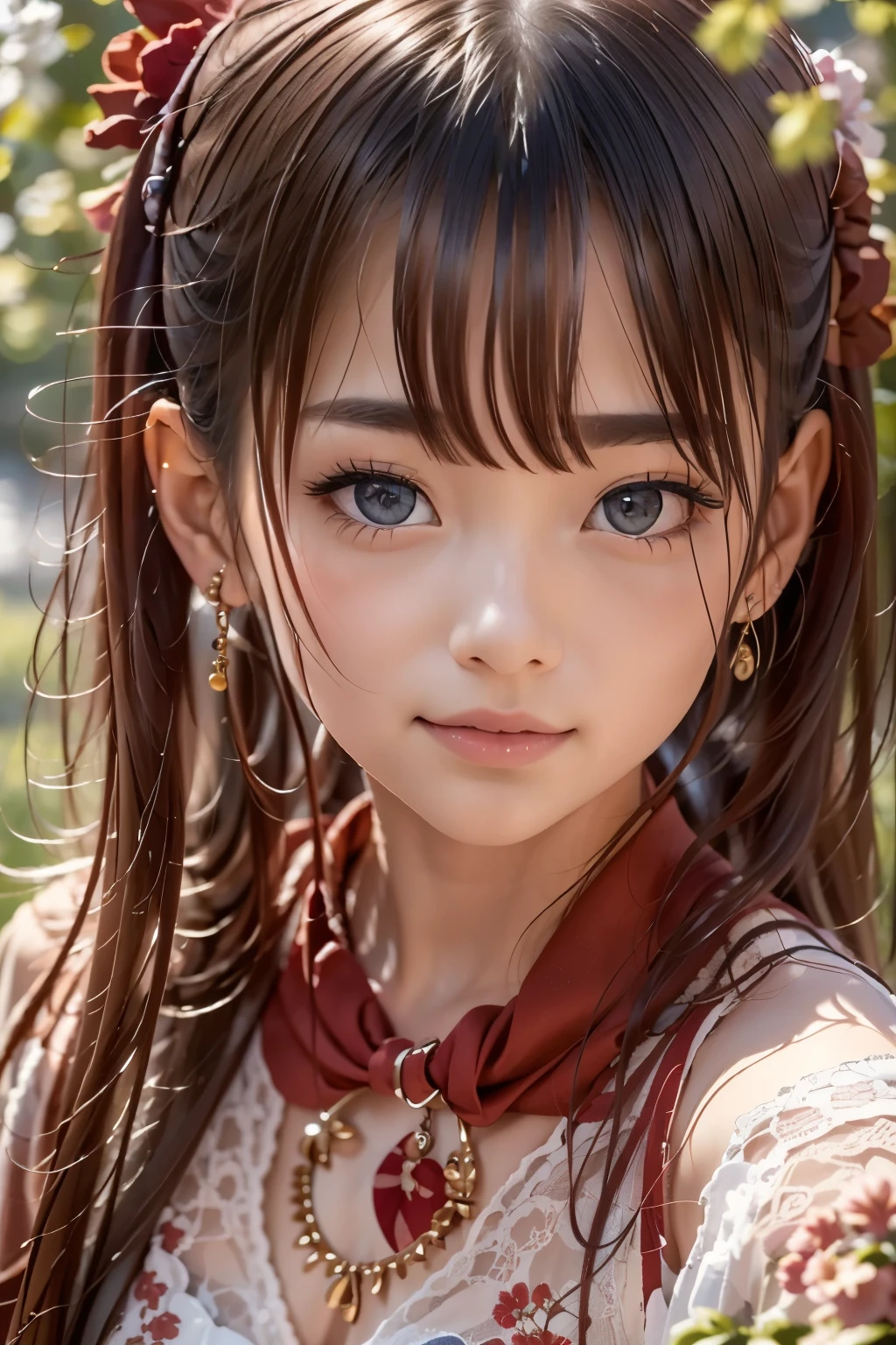 ((sfw: 1.4)), (sfw,She wears a long white embroidered skirt, a red blouse with lace, a white apron tied around her waist, red socks, and brown leather shoes. A red scarf is on her head. Her accessories include necklaces, earrings, and bracelets, 1 girl)), ultra high resolution, (realistic: 1.4), RAW photo, highest quality, (photorealistic stick), focus, soft light, ((15 years old)), ((Japanese)), (((young face))), (surface), (depth of field), masterpiece, (photorealistic), woman , bangs, ((1 girl))