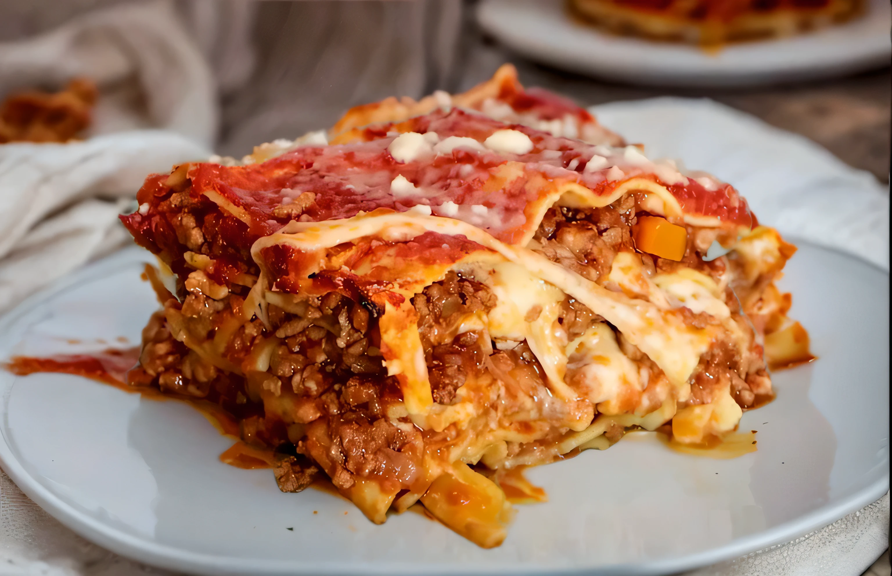 there is a plate of lasagna on a table with a fork, lasagna, served with pasta, cheesy, recipe, gooey, yummy, leftover meat pie, mom's spaghetti, sloppy, 4 0 9 6, italian masterpiece, extremely intricate, pasta, 40 years old women, highly ornate, cooked, ground meat, highly intricate, melted cheese, meaty