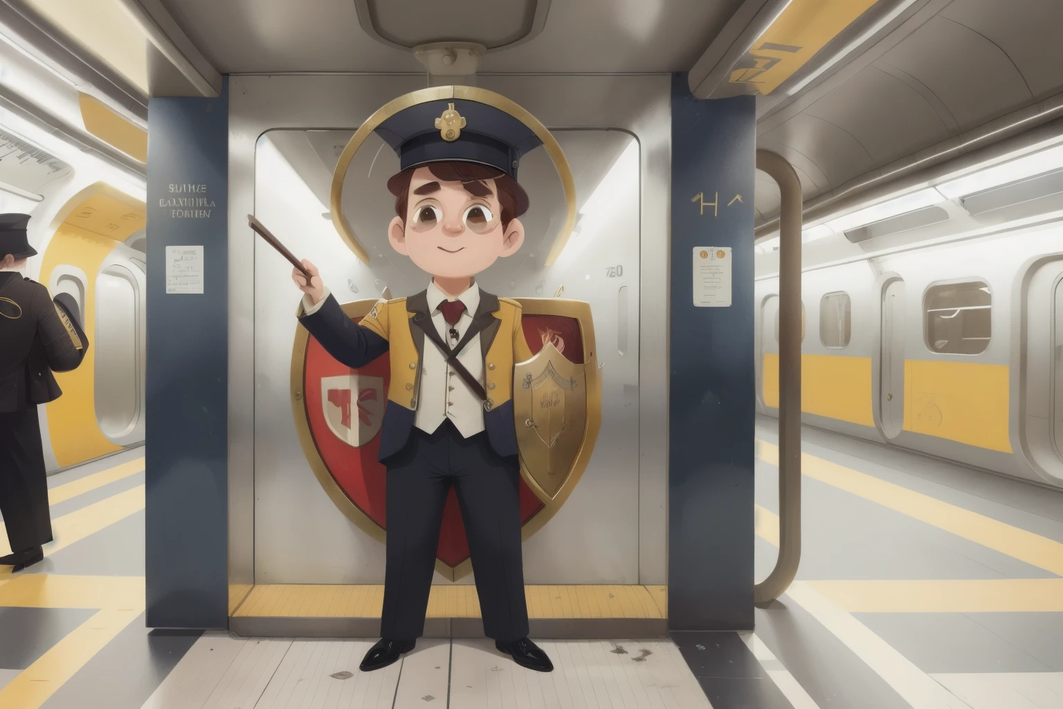 Conductor holding a shield to guard the subway
