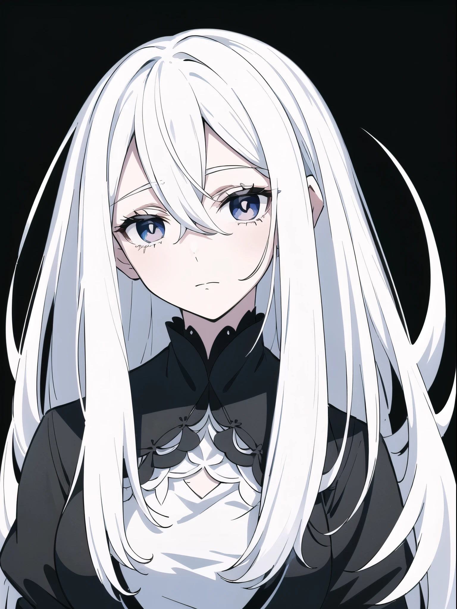 ((White hair)),((Head and Shoulders Image)),Sexy,A person,Alone,Simple style,pancake ,Simple details,Black background,Empty background,Black background wall,(20 year old woman),(Droopy hair),(White Gloves),(Evening Gown),(Lace Shirt),Lace,(confidence),(Tranquility)