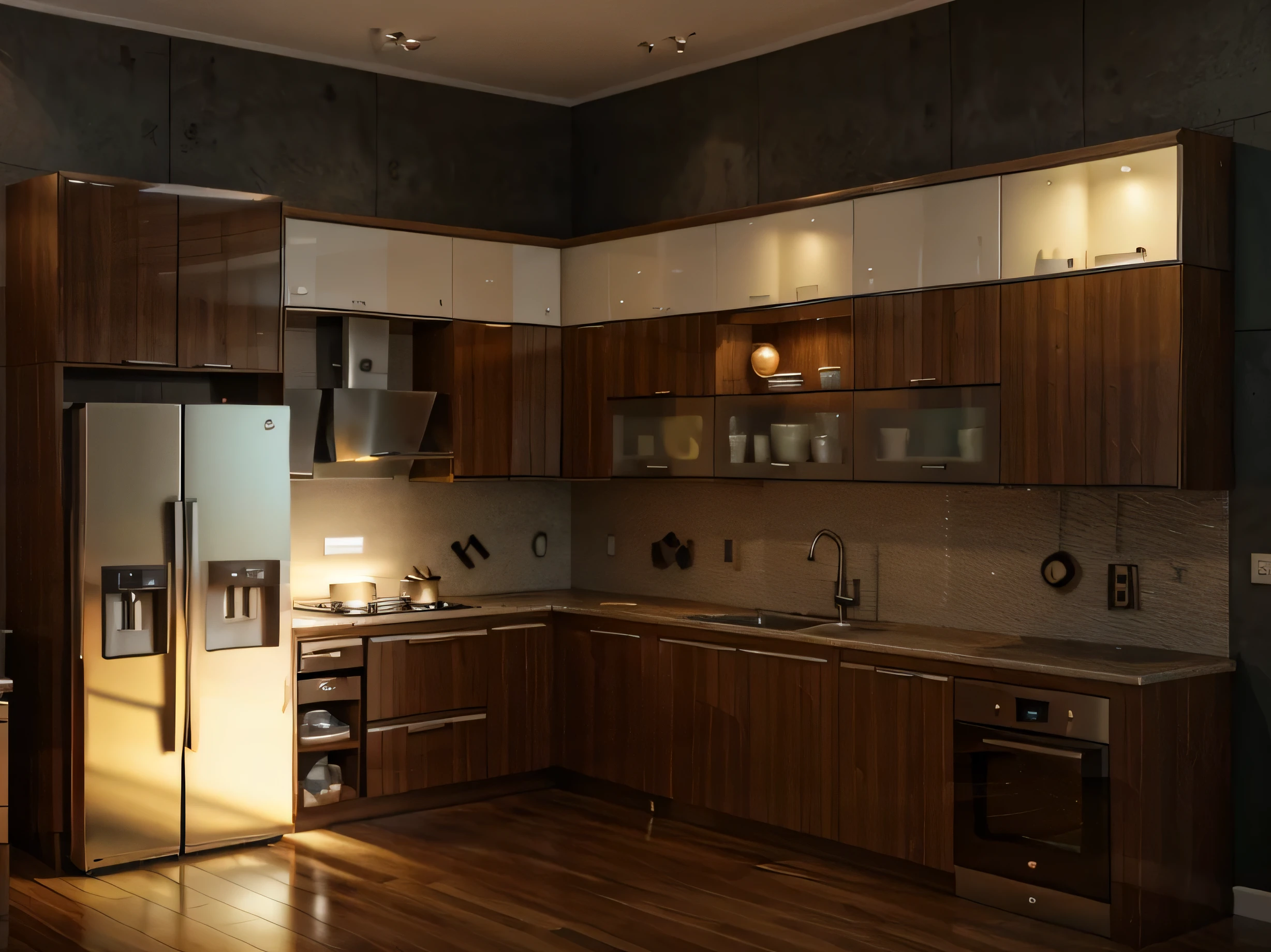 (RAW photo:1) , (masterpiece),(high quality),(realistic), super detailed,a morden kittchen room , a morden kitchen with ,a metal refrigerator and sink , and a microwave and dishwasher, wooden floor, scandinavian Kitchen style,red brick front, Granite countertops, curtains, glass window, masterpice paintings, marble floor, daylight, soft light
