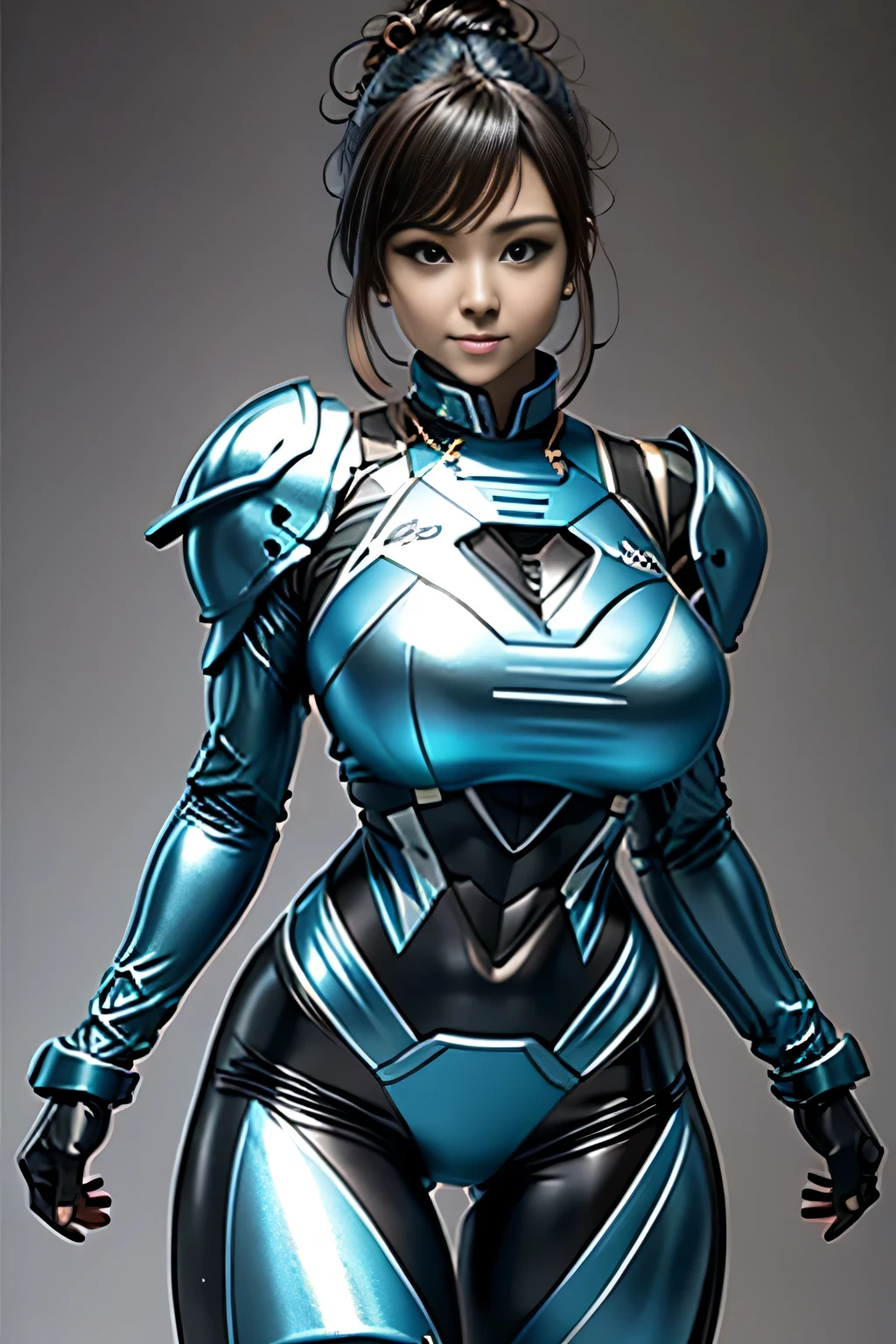 female robocop solo、Armor that completely covers the whole body、very large armor、helmet to hide eyes、metallic sky blue armor、Armor that completely covers the chest、thin and long legs、Vibrant posel body view