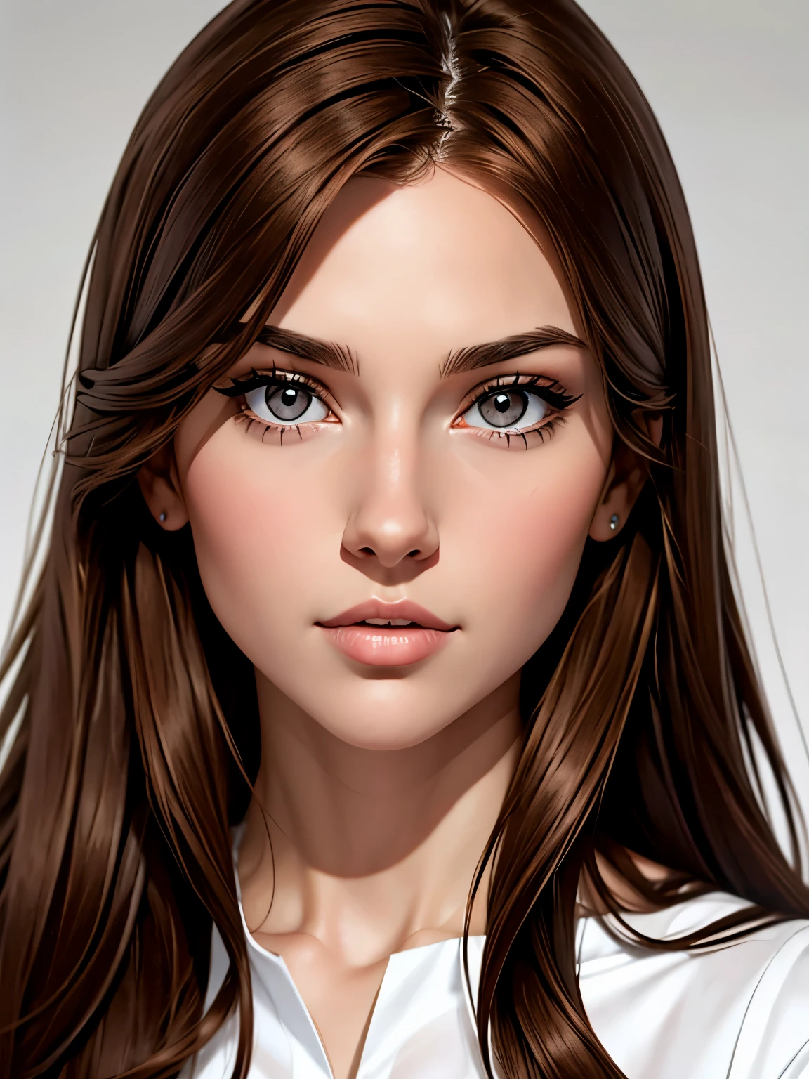 Girl, long brown hair, gray eyes, sharp features, white skin,.