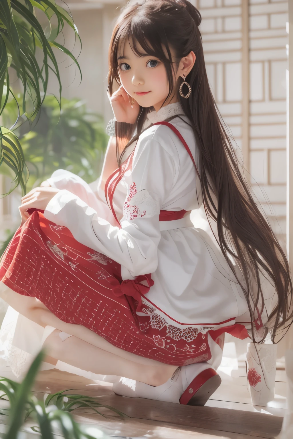 ((sfw: 1.4)), (sfw,She wears a long white embroidered skirt, a red blouse with lace, a white apron tied around her waist, red socks, and brown leather shoes. A red scarf is on her head. Her accessories include necklaces, earrings, and bracelets, 1 girl)), ultra high resolution, (realistic: 1.4), RAW photo, highest quality, (photorealistic stick), focus, soft light, (()), ((Japanese)), (((young face))), (surface), (depth of field), masterpiece, (photorealistic), woman , bangs, ((1 girl))