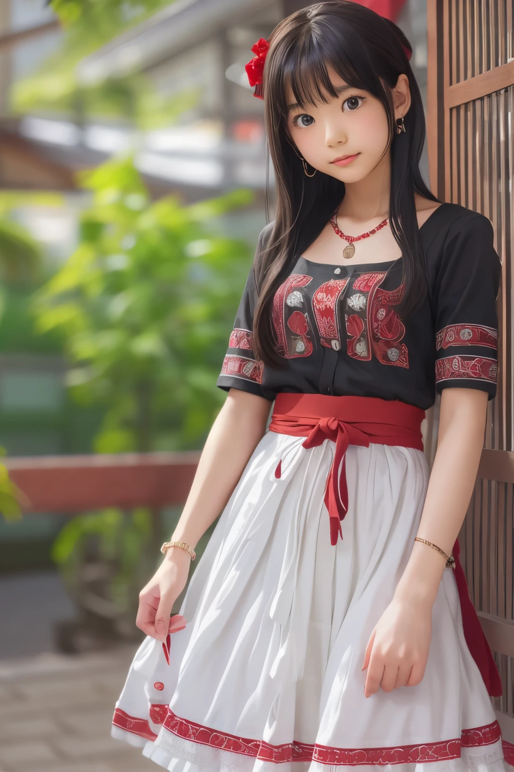 ((sfw: 1.4)), (sfw,She wears a long white embroidered skirt, a red blouse with lace, a white apron tied around her waist, red socks, and brown leather shoes. A red scarf is on her head. Her accessories include necklaces, earrings, and bracelets, 1 girl)), ultra high resolution, (realistic: 1.4), RAW photo, highest quality, (photorealistic stick), focus, soft light, ((15 years old)), ((Japanese)), (((young face))), (surface), (depth of field), masterpiece, (photorealistic), woman , bangs, ((1 girl))