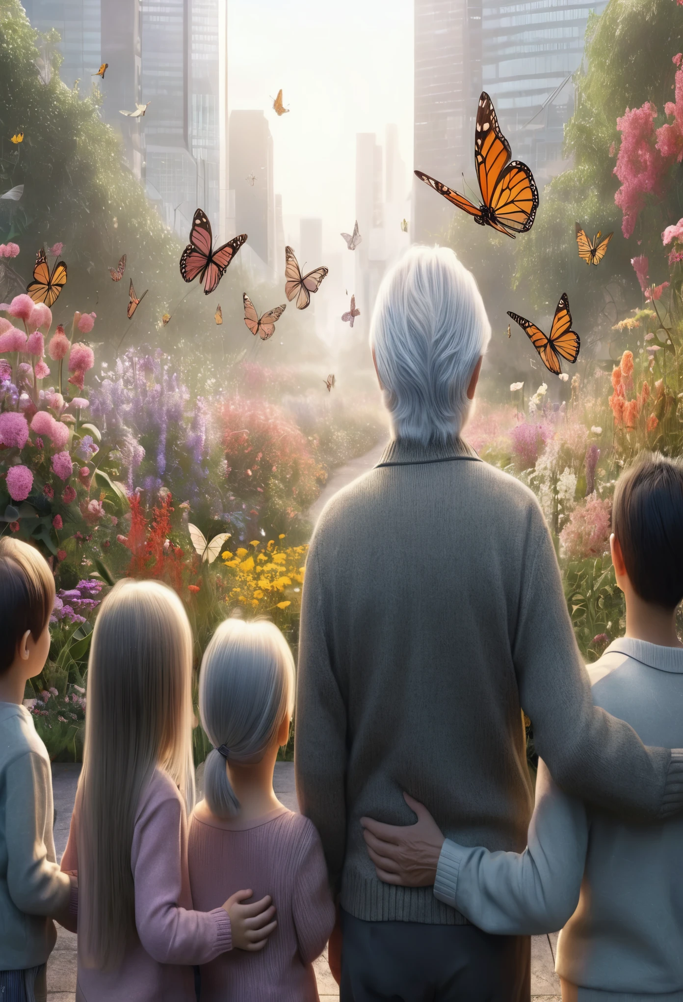 create a back view photography image, a white-haired grandfather with thin sideburns and his extended family looking at a stretch of flower garden with butterflies flying, looks real, very detailed, hyper fidelity