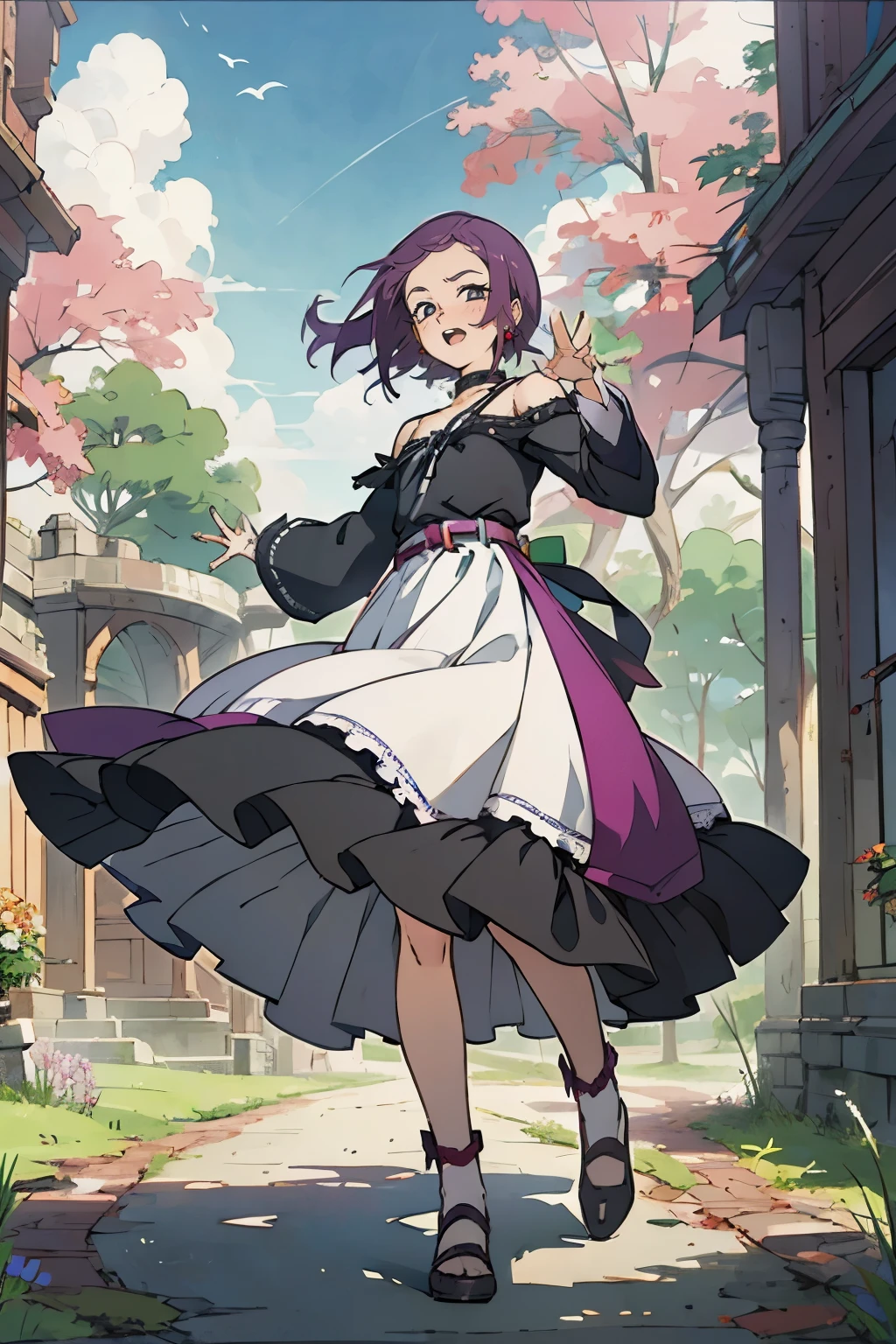 masutepiece, Best Quality, Ultra-detailed, kisho, jigokuraku, 1 girl, reddish Purple hair, Gray eyes, showa town, fantasy world, ruins, fort, beautiful sky, shining sky, sunshine, waving, hair ribbon, belt, choker, black choker, wind blowing dress, lace dress, earrings, off-shoulder sleeves, wool sweaters, Chest exposure, Lace underwear, metamorphosis is exposed, both hands, perfect fingers, five fingers, beautiful eyes