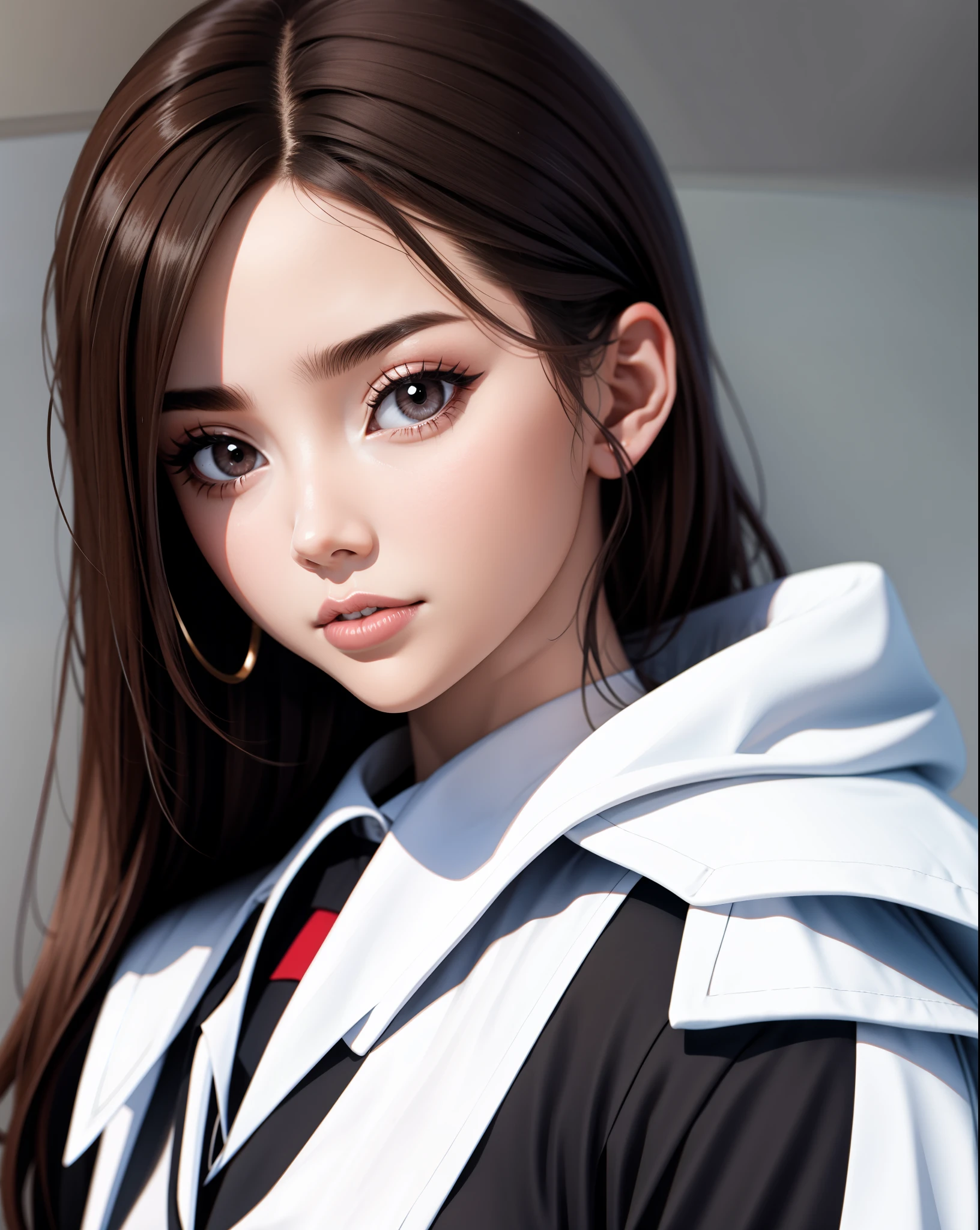 Girl, long soft brown hair, gray eyes, sharp features, white skin, uniform