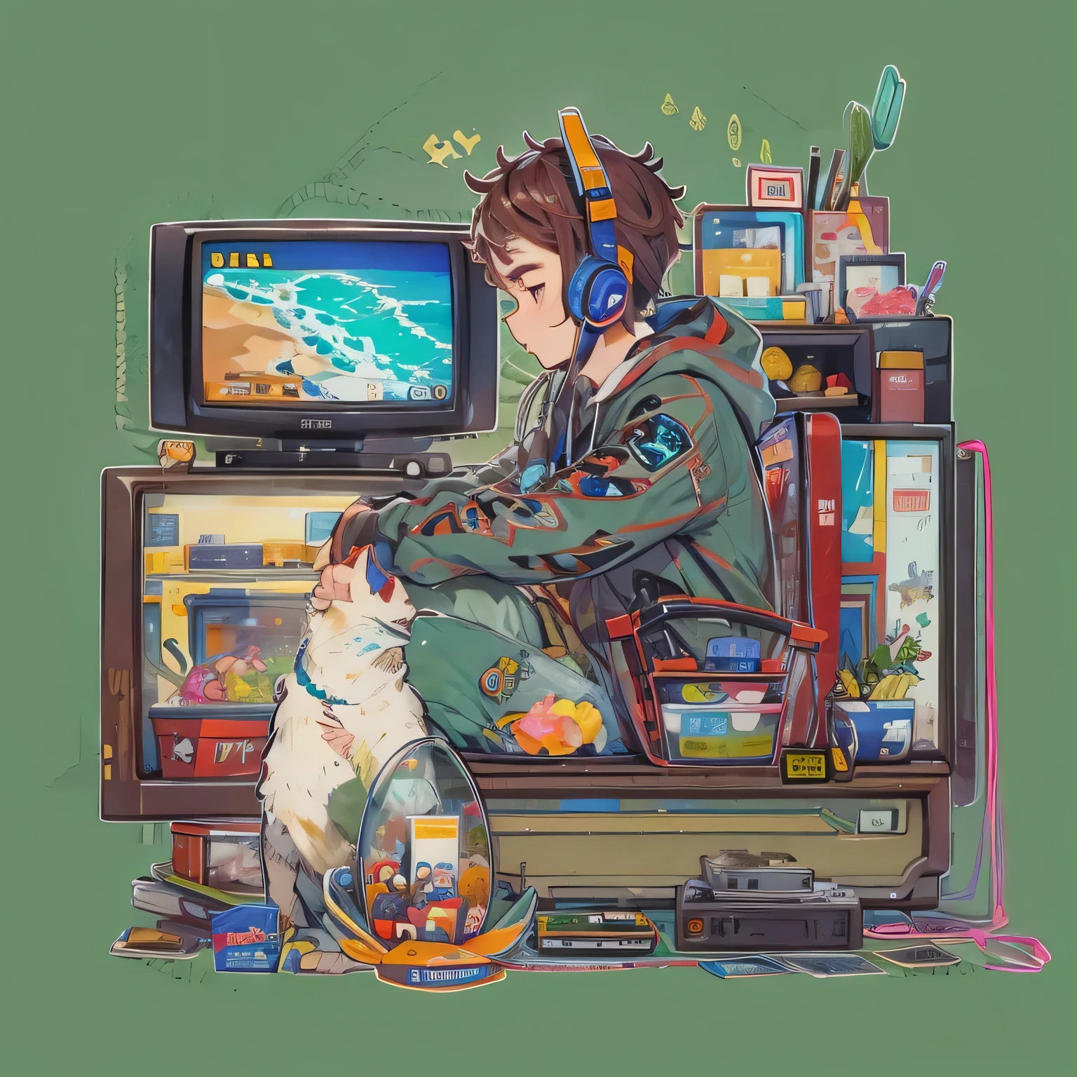 pixel art, fishbowl, fishbowl속 물고기, It's crowded with TVs and miscellaneous things.., a man sitting on trash, An entertainment program is playing on TV.., container, fishbowl을 바라보는 고양이, Handsome man, wear a headset