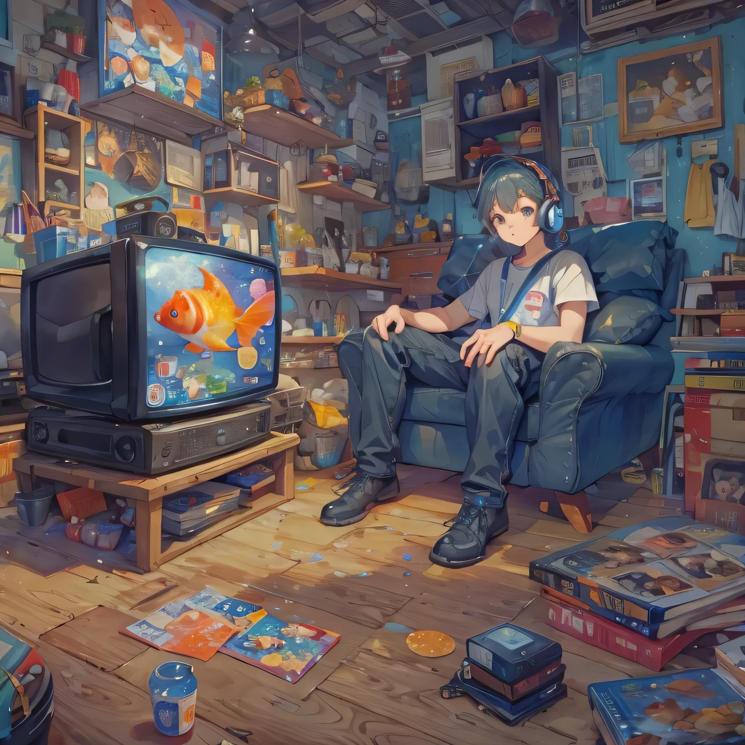pixel art, fishbowl, fishbowl속 물고기, It's crowded with TVs and miscellaneous things.., a man sitting on trash, An entertainment program is playing on TV.., container, fishbowl을 바라보는 고양이, Handsome man, wear a headset