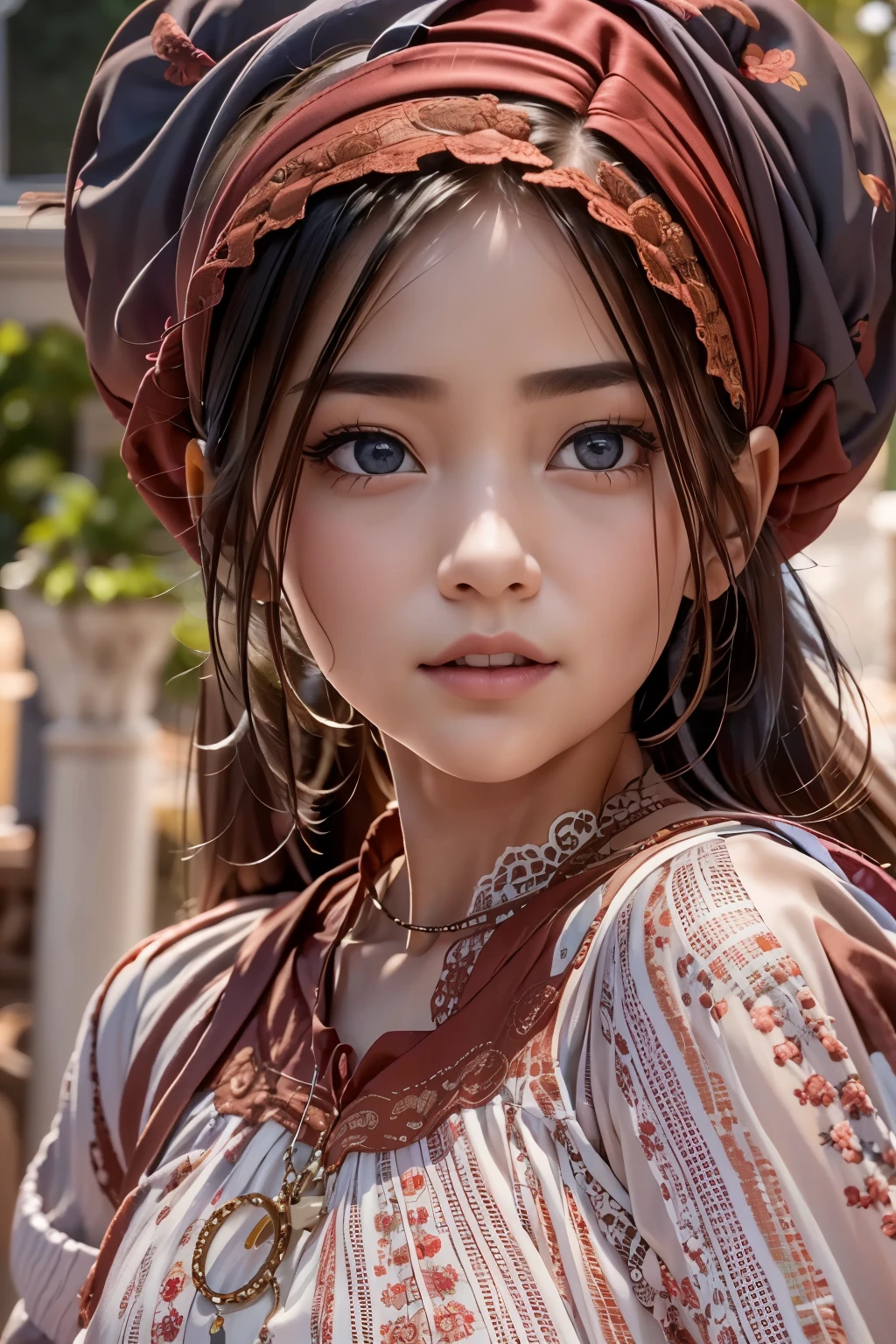 ((sfw: 1.4)), (sfw,She wears a long white embroidered skirt, a red blouse with lace, a white apron tied around her waist, red socks, and brown leather shoes. A red scarf is on her head. Her accessories include necklaces, earrings, and bracelets, 1 girl)), ultra high resolution, (realistic: 1.4), RAW photo, highest quality, (photorealistic stick), focus, soft light, ((15 years old)), (((young face))), (surface), (depth of field), masterpiece, (photorealistic), woman , bangs, ((1 girl))