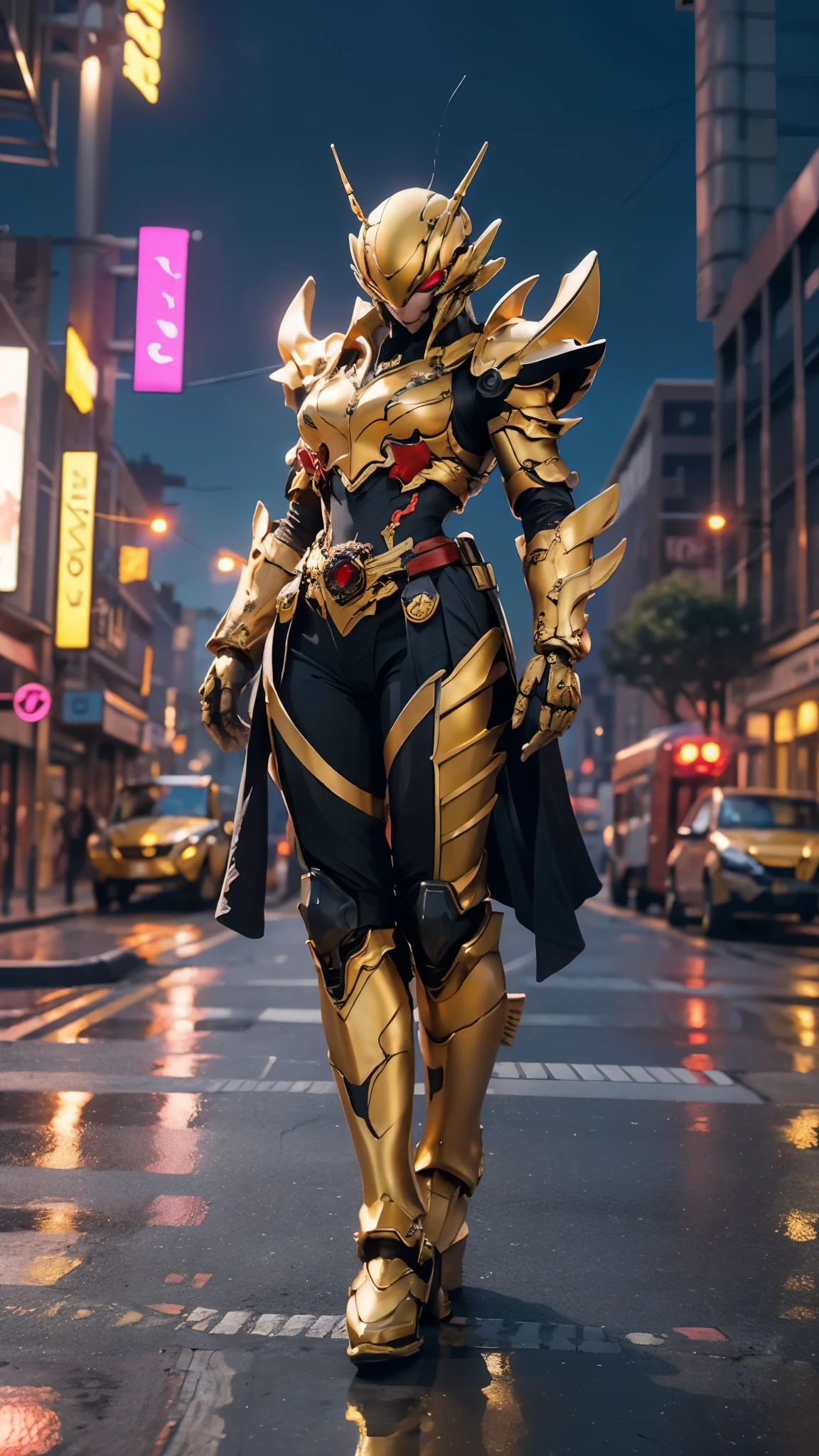 A woman adorned in fantasy-style full-body armor, a crown-concept fully enclosed helmet that unveils only her eyes, a composite layered chest plate, fully encompassing shoulder and hand guards, a lightweight waist armor, form-fitting shin guards, the overall design is heavy-duty yet flexible, ((the armor gleams with a golden glow, complemented by red and blue accents)), exhibiting a noble aura, she floats above the Futuristic city, this character embodies a finely crafted fantasy-surreal style armored hero in anime style, exquisite and mature manga art style, (Queen bee mixed with Spider concept Armor, photorealistic:1.4, real texture material:1.2), ((city night view, elegant, goddess, femminine:1.5)), metallic, high definition, best quality, highres, ultra-detailed, ultra-fine painting, extremely delicate, professional, anatomically correct, symmetrical face, extremely detailed eyes and face, high quality eyes, creativity, RAW photo, UHD, 32k, Natural light, cinematic lighting, masterpiece-anatomy-perfect, masterpiece:1.5