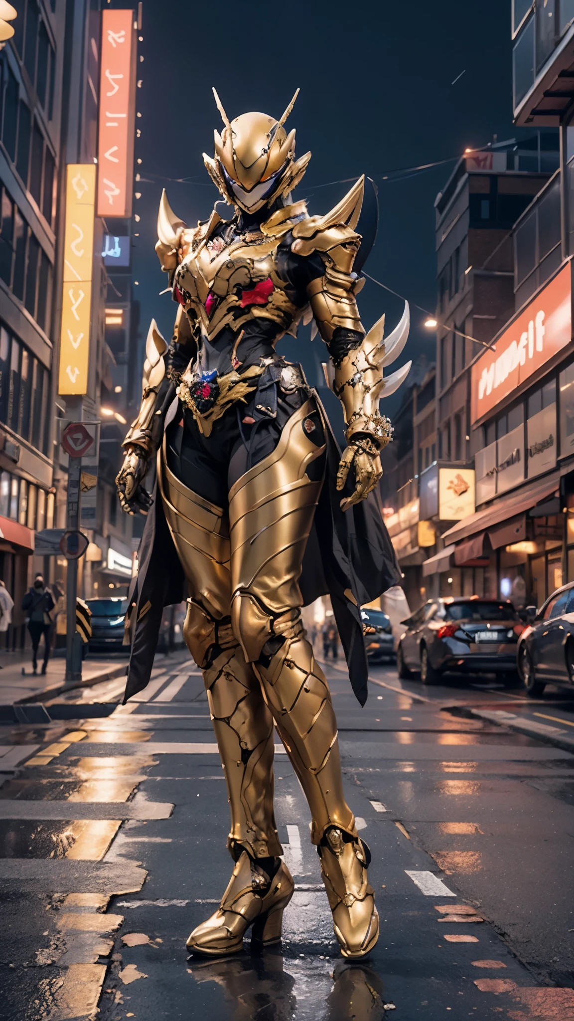 A woman adorned in fantasy-style full-body armor, a crown-concept fully enclosed helmet that unveils only her eyes, a composite layered chest plate, fully encompassing shoulder and hand guards, a lightweight waist armor, form-fitting shin guards, the overall design is heavy-duty yet flexible, ((the armor gleams with a golden glow, complemented by red and blue accents)), exhibiting a noble aura, she floats above the Futuristic city, this character embodies a finely crafted fantasy-surreal style armored hero in anime style, exquisite and mature manga art style, (Queen bee mixed with Spider concept Armor, photorealistic:1.4, real texture material:1.2), ((city night view, elegant, goddess, femminine:1.5)), metallic, high definition, best quality, highres, ultra-detailed, ultra-fine painting, extremely delicate, professional, anatomically correct, symmetrical face, extremely detailed eyes and face, high quality eyes, creativity, RAW photo, UHD, 32k, Natural light, cinematic lighting, masterpiece-anatomy-perfect, masterpiece:1.5