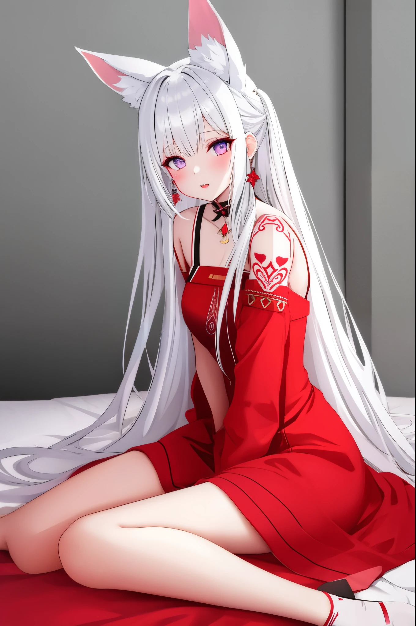 a girl with white lips and ears is sitting on a bed with the white sheets as a background, 1girl, tattoo, solo, arm tattoo, long hair, animal ears, jewelry, bracelet, dress, red dress, leg tattoo, makeup, white hair, looking at viewer