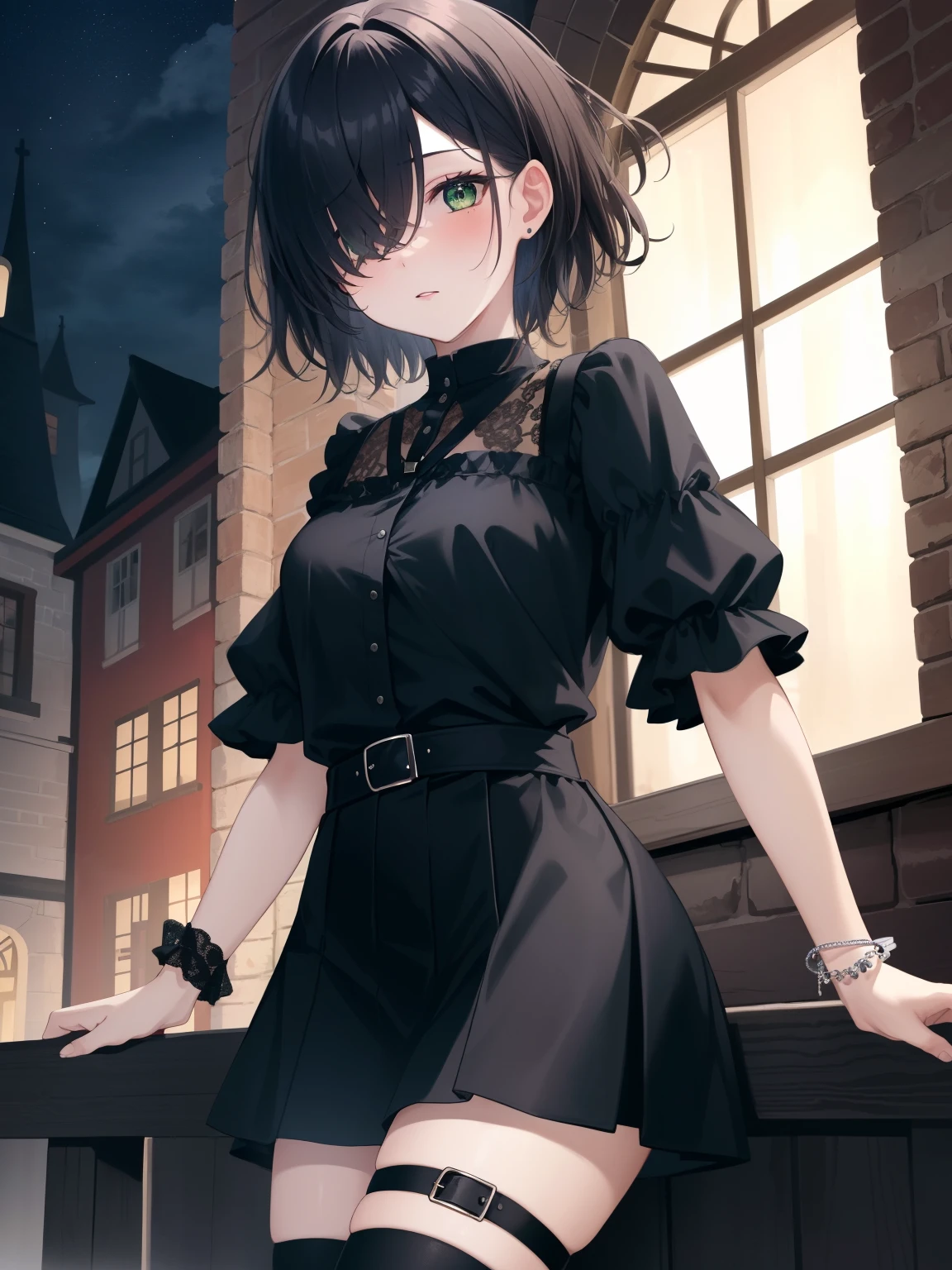 masterpiece, best quality, 1girl, brown hair, hair over one eye, hair over eyes, green eyes, messy hair, short hair, pixie cut, pale skin, black shirt, black skirt, goth, vampire, legwear, bracelets, night, gothic town