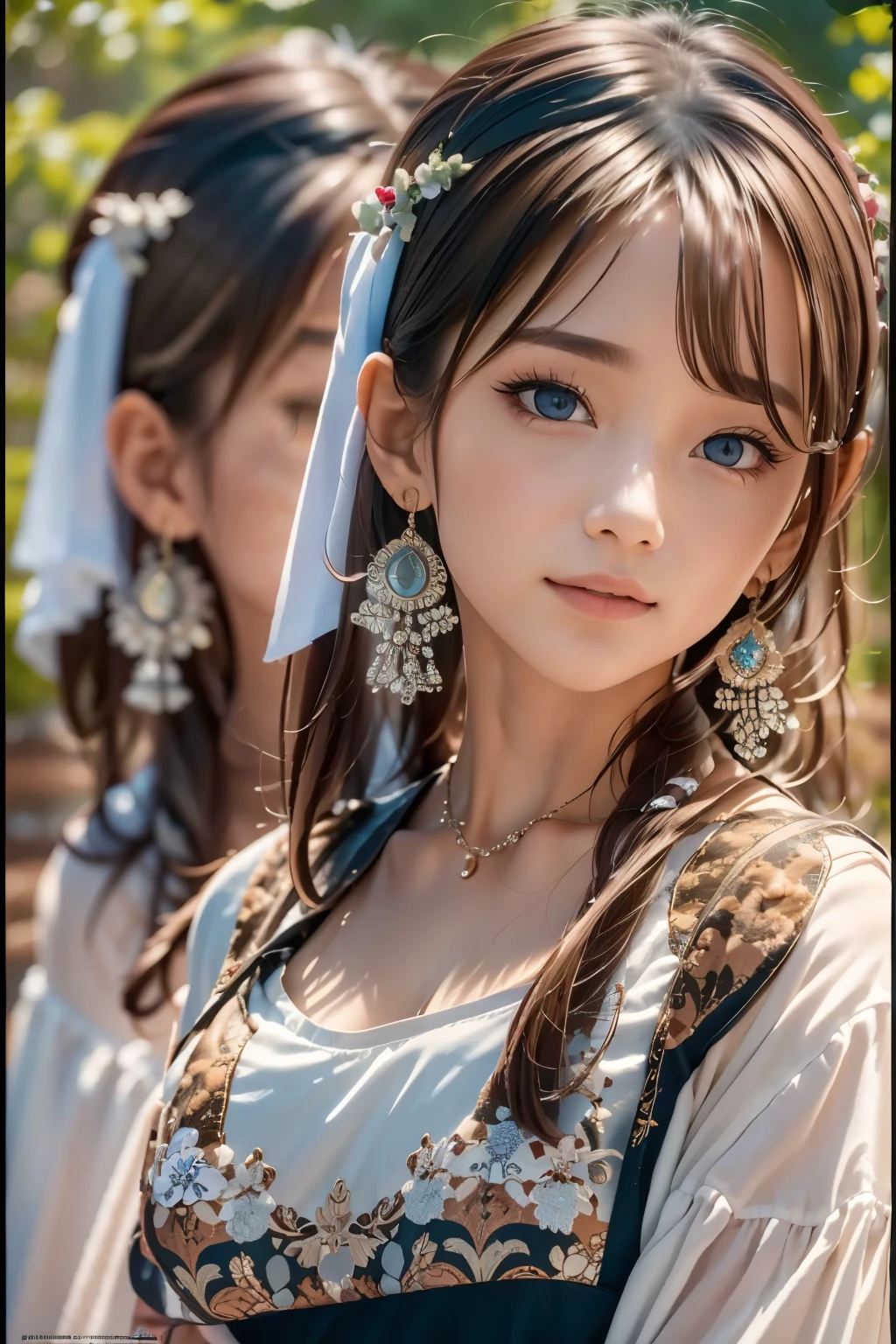 ((sfw: 1.4)), (sfw,She is wearing a long white embroidered skirt, a red blouse with lace, a white apron tied around her waist, blue socks, and brown leather shoes.A blue scarf is on her head. Yes, her accessories include necklaces, earrings, and bracelets. 1 Girl)), Ultra High Resolution, (Realistic: 1.4), RAW Photo, Best Quality, (Photorealistic Stick), Focus, Soft Light, ((15 years old)), (( (young face))), (surface), (depth of field), masterpiece, (realistic), woman, bangs, ((1 girl))
