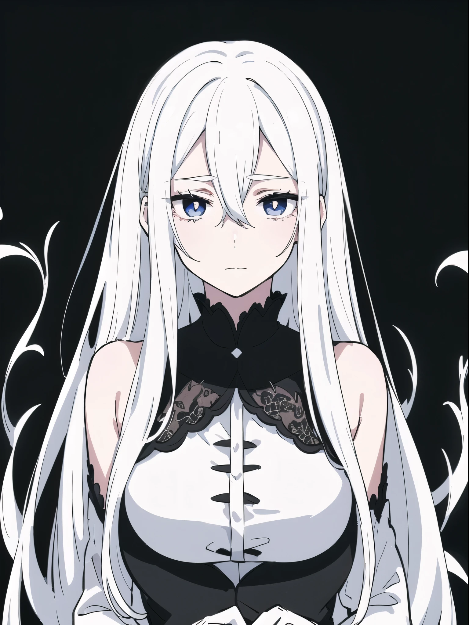((White hair)),((Head and Shoulders Image)),Sexy,A person,Alone,Simple style,pancake ,Simple details,Black background,Empty background,Black background wall,(20 year old woman),(Droopy hair),(White Gloves),(Evening Gown),(Lace Shirt),Lace,(confidence),(Tranquility)