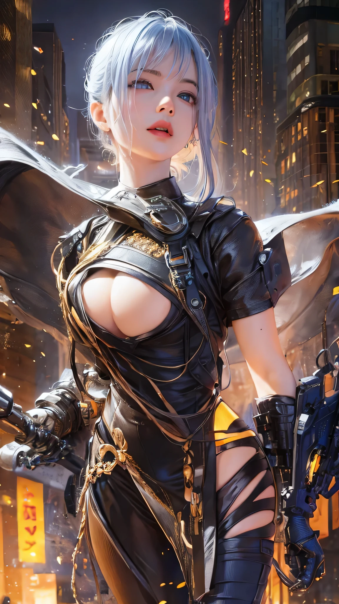 (Close-up:1.4)、(RAW photo:1.2)、(photorealistic:1.4)、(masterpiece:1.3)、(highest quality:1.4)、(Beautiful woman with perfect body:1.4)、A woman stands in front of a group of robots、beautiful android woman、beautiful female soldier、girl in a suit、complex combat uniform、beautiful young Japanese woman、Highly detailed face and skin texture、detailed big eyes、double eyelid、cute face、(short bob:1.2)、(huge breasts)、(full body shot)、cowboy shot、(angry expression:1.2)、Storm and epic war scene、cyberpunk scene、night time、illumination、plug suit、combat uniform damage、