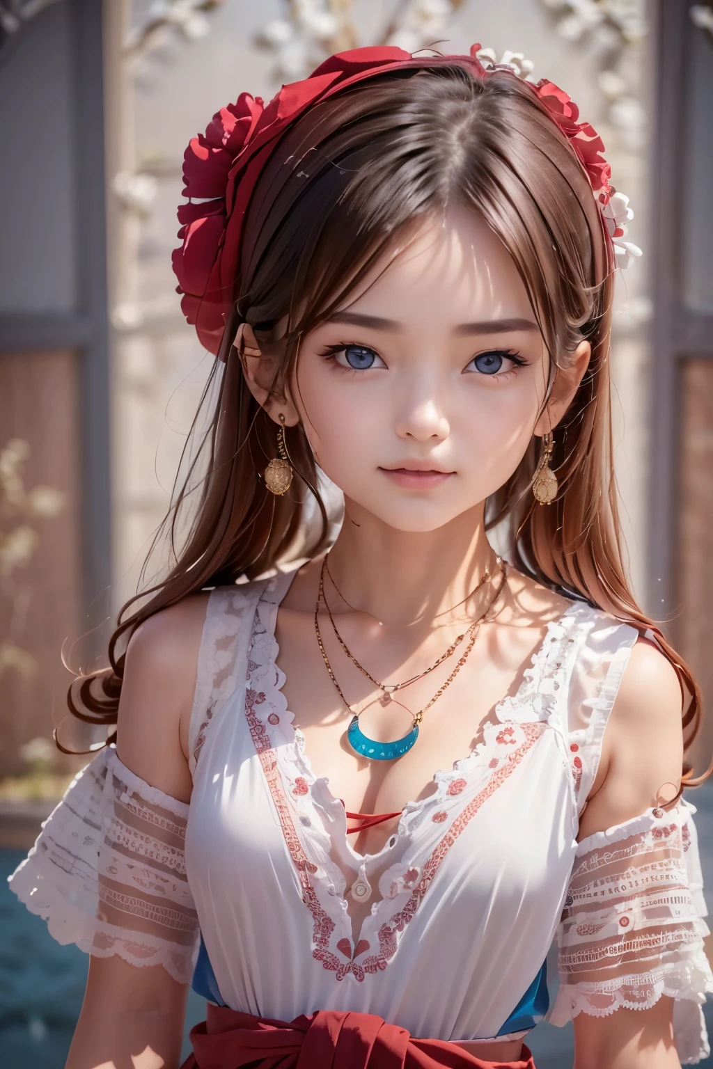 ((sfw: 1.4)), (sfw,She is wearing a long white embroidered skirt, a red blouse with lace, a white apron tied around her waist, blue socks, and brown leather shoes.A blue scarf is on her head. Yes, her accessories include necklaces, earrings, and bracelets. 1 Girl)), Ultra High Resolution, (Realistic: 1.4), RAW Photo, Best Quality, (Photorealistic Stick), Focus, Soft Light, ((15 years old)), (( (young face))), (surface), (depth of field), masterpiece, (realistic), woman, bangs, ((1 girl))