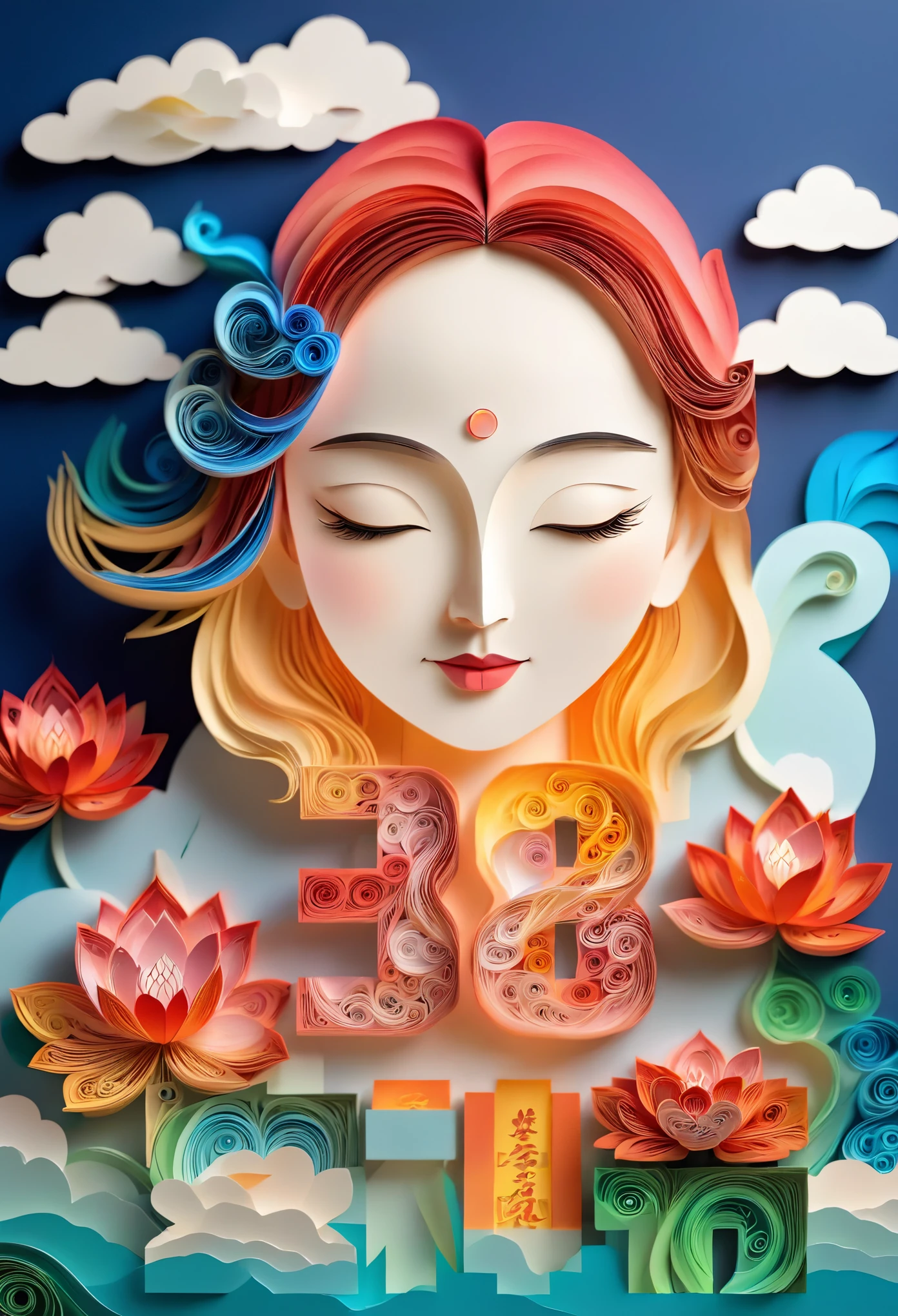 (number art, paper art,layered paper art,paper quilling,paper-cut,paper sculpture)，(girl face:1.5),mountains, tree, river，flowers，lotus， (Oriental elements, Chinese color, Advanced color matching),(3D sculpture，Render by Octane，Volumetric light), (Loss of focus, Very colorful, light, chiaroscuro,Ray tracing)