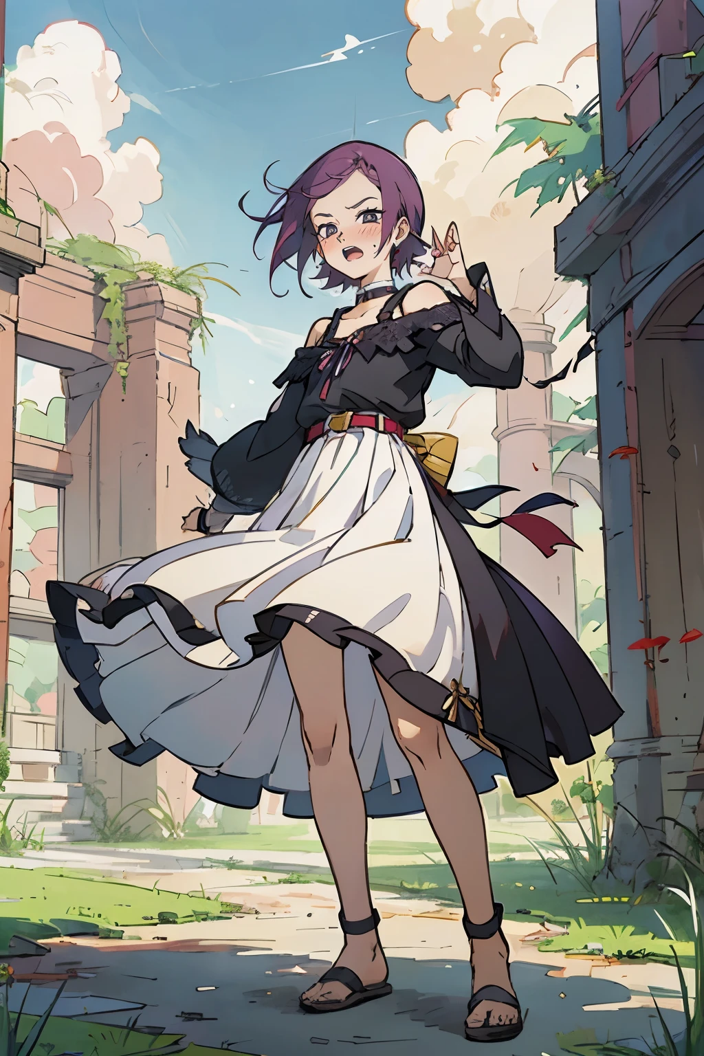 masutepiece, Best Quality, Ultra-detailed, kisho, jigokuraku, 1 girl, reddish Purple hair, Gray eyes, showa town, fantasy world, ruins, fort, beautiful sky, shining sky, sunshine, waving, hair ribbon, belt, choker, black choker, wind blowing dress, lace dress, earrings, off-shoulder sleeves, wool sweaters, Bare legged, Sandals, Brown sandals, gladiator sandals, Chest exposure, Lace underwear, metamorphosis is exposed, both hands, perfect fingers, five fingers, beautiful eyes