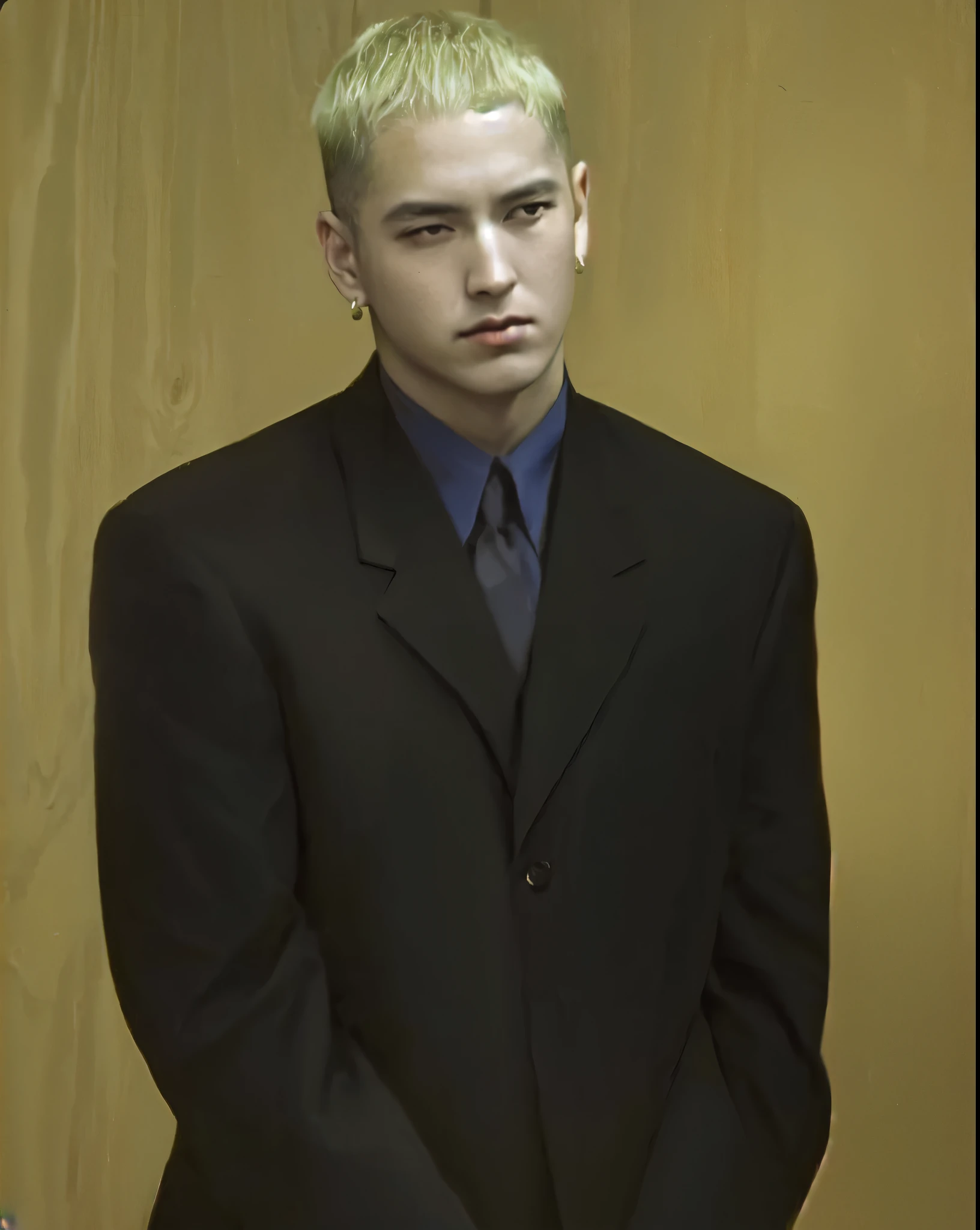 arafed man em um terno and tie standing in front of a wooden wall, se destacarem, Marechal Mathers, se destacarem as an m & m, obra-prima, foto do filme 8 milhas, peep, se destacarem as a m & m doces, coelho mau, Steven Klein, em um terno, todd hido, thin and gloomy tennis ball monster, Steven Meisel coreano, jungkook face, Korean boy, cabelos escuros