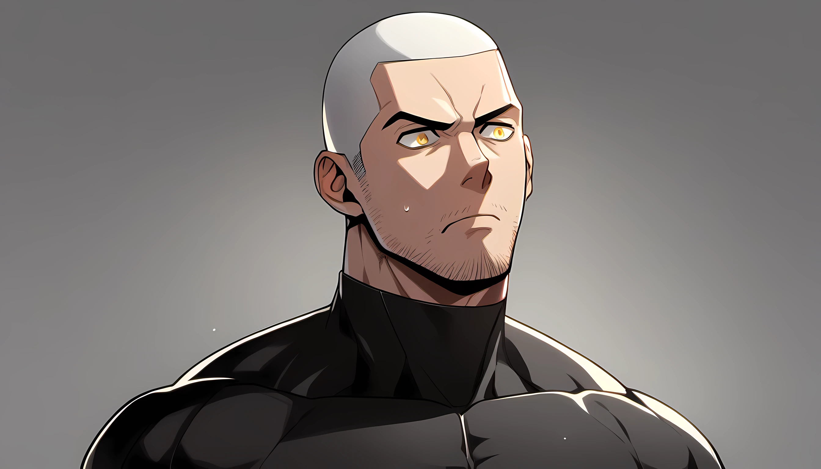 1 young muscular man, male focus, Yellow and Black High Neck Compression Tights, white hair, buzz clip, muscular male, muscular, only, Upper body, alone, white short hair, stubble, yellow eyes, light gray background, simple background, amazing quality, best aesthetics, Ridiculous, bright pupils, sigh, short hair, best quality