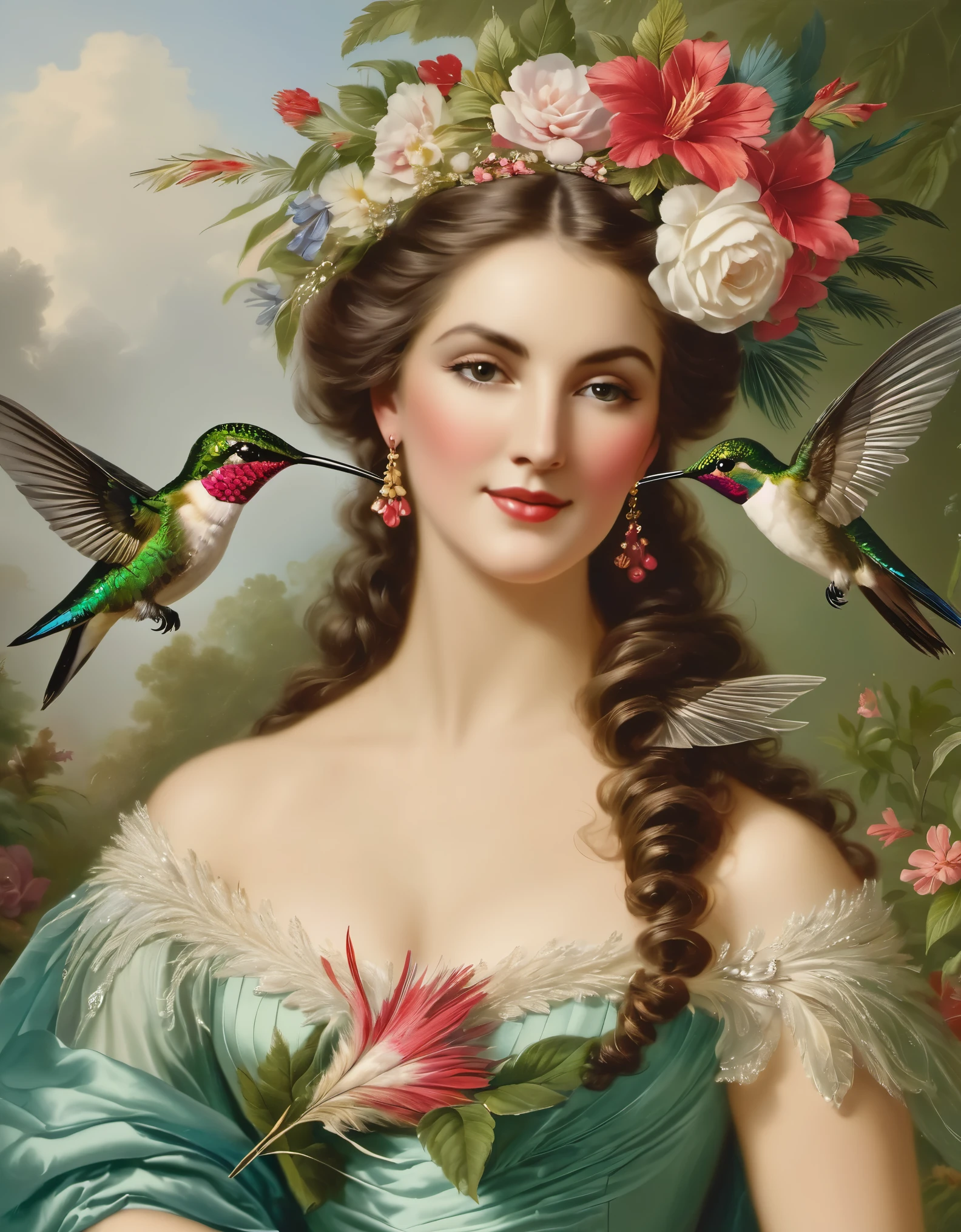 in the 19th century,European and American women often use hummingbird feathers as hat accessories,and a hummingbird alighting on the bouquet