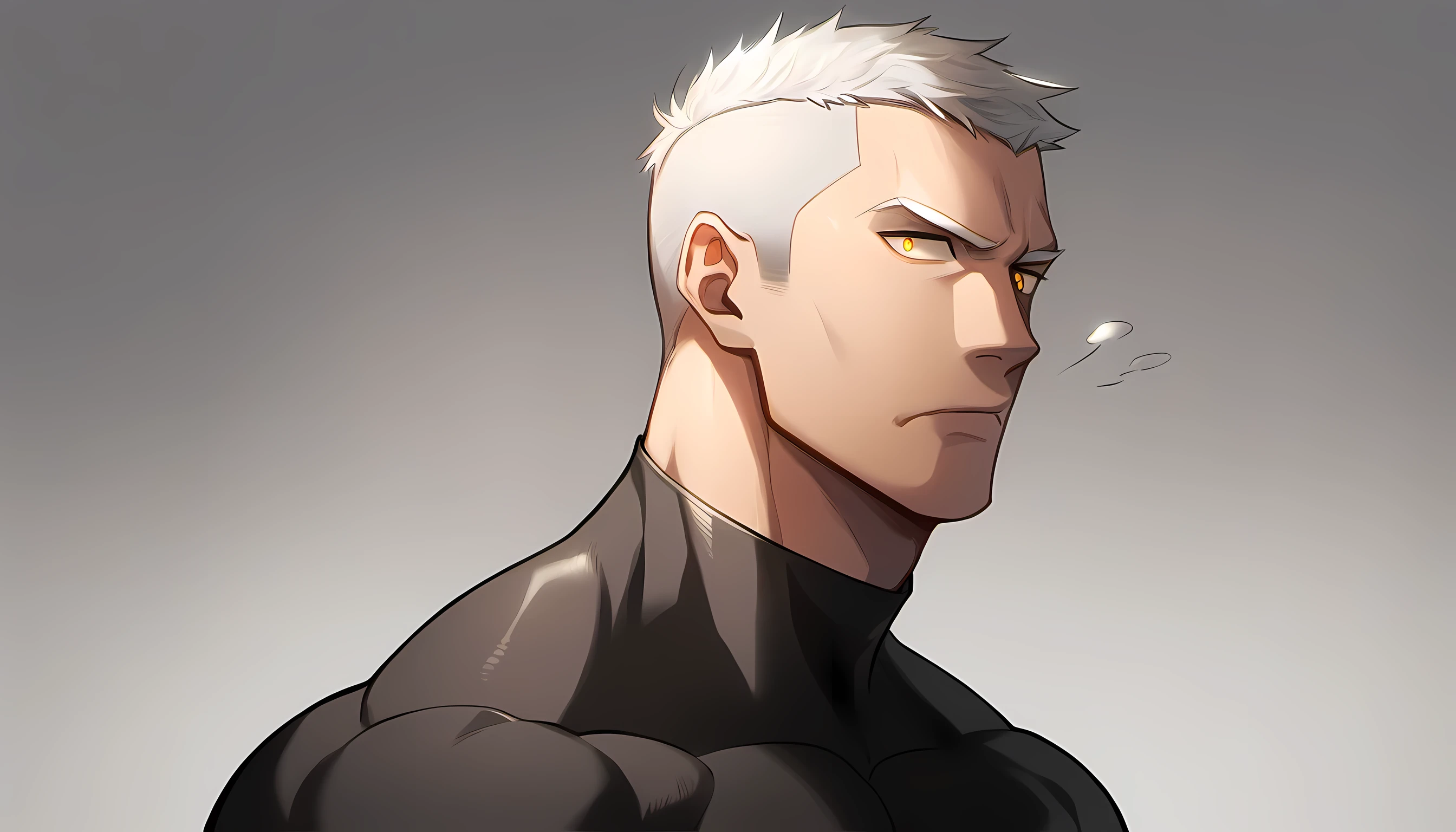 1 young muscular man, male focus, Yellow and Black High Neck Compression Tights, white hair, buzz clip, muscular male, muscular, only, Upper body, alone, white short hair, stubble, yellow eyes, light gray background, simple background, amazing quality, best aesthetics, Ridiculous, bright pupils, sigh, short hair, best quality