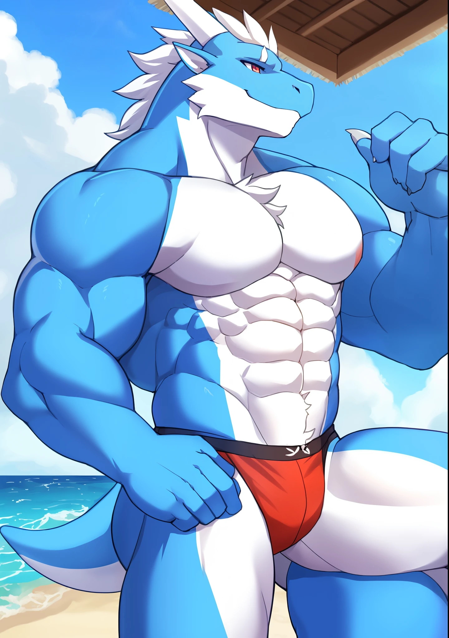 whole body,蓝色dragon人,muscle,young,dragon,穿着sports服,sports,beach,Sunlight