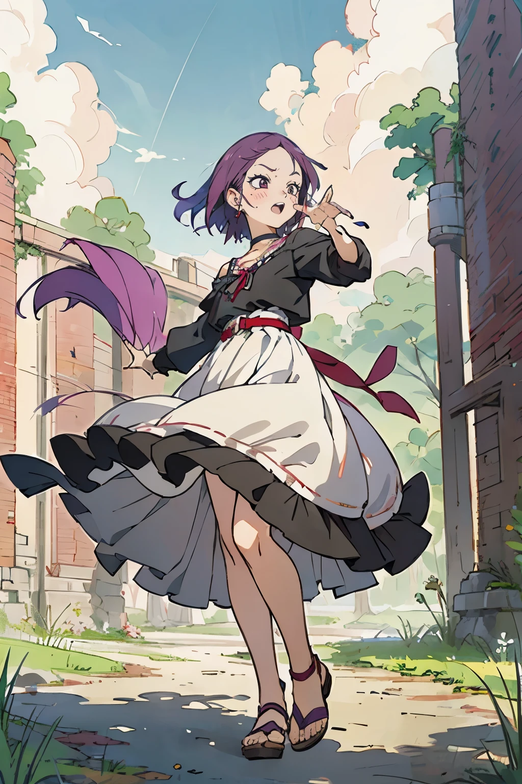 masutepiece, Best Quality, Ultra-detailed, kisho, jigokuraku, 1 girl, reddish Purple hair, Gray eyes, showa town, fantasy world, ruins, fort, beautiful sky, shining sky, sunshine, waving, hair ribbon, belt, choker, black choker, wind blowing dress, lace dress, earrings, off-shoulder sleeves, wool sweaters, Bare legged, Sandals, Brown sandals, gladiator sandals, Chest exposure, Lace underwear, metamorphosis is exposed, both hands, perfect fingers, five fingers, beautiful eyes