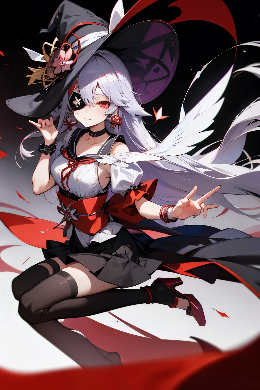 masterpiece, best quality, absurdres, bishoujo, solo, magician, devil eyes, jitome, long hair, silver hair, hair scrunchie, corsage, hair rings, wristband, choker, bracelet, eyepatch, miko attire, witch hat, high heels, stockings, Fairy wings, yokozuwari, shushing, look at viewer