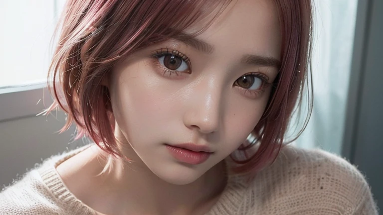 (bob cut hair, pink hair:1.2),((Wear a knitted sweater:1.2),1 girl,Japanese,21 years old,(small breasts:1.3),(highest quality,masterpiece:1.3,超A high resolution,),(super detailed,caustics),(Photoreal:1.4,RAW shooting,)ultra-realistic capture,very detailed,High resolution 16K human skin close-up。 natural skin texture、,The pores are、、Must be detailed enough to be easily identified。 Skin should look even-toned and healthy。 Use natural light and color, sad expression, look at the camera, perfect dynamic composition