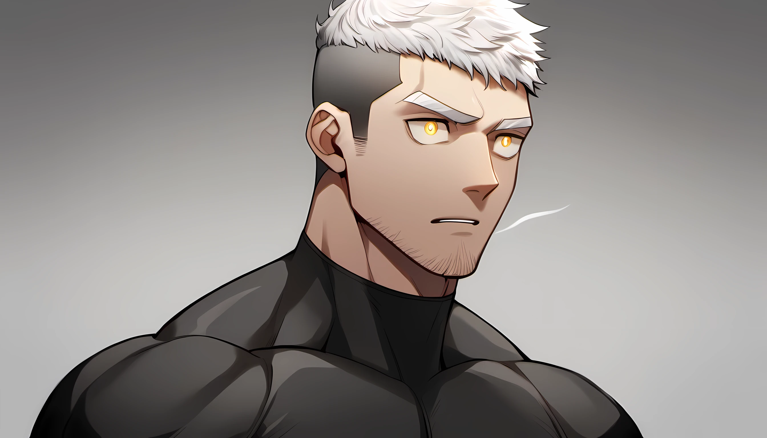 1 young muscular man, male focus, Yellow and Black High Neck Compression Tights, white hair, short hair muscular male, muscular, only, Upper body, alone, white short hair, stubble, yellow eyes, light gray background, simple background, amazing quality, best aesthetics, Ridiculous, bright pupils, sigh, short hair, best quality