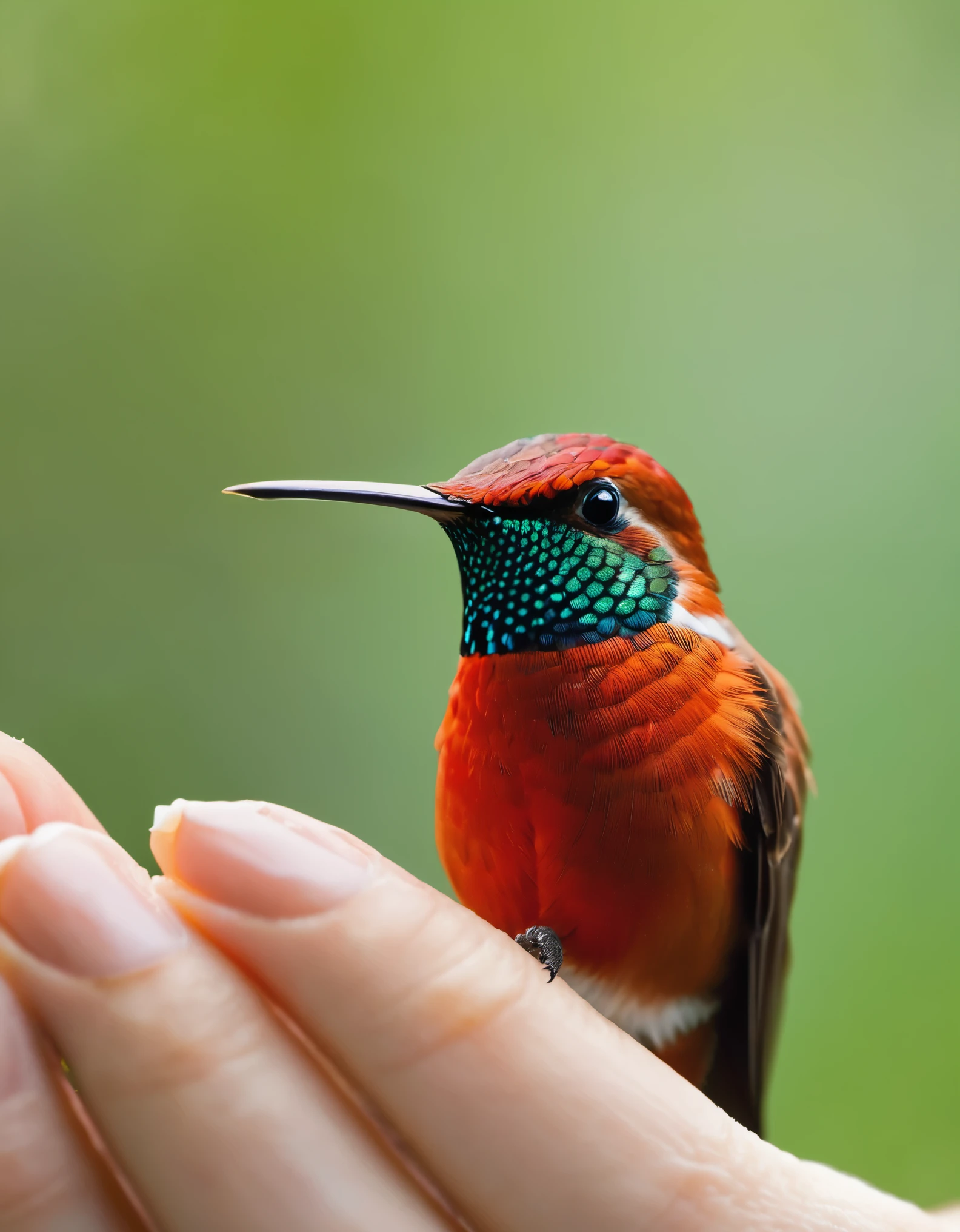 A red hummingbird on the tip of a beautiful woman's hand,